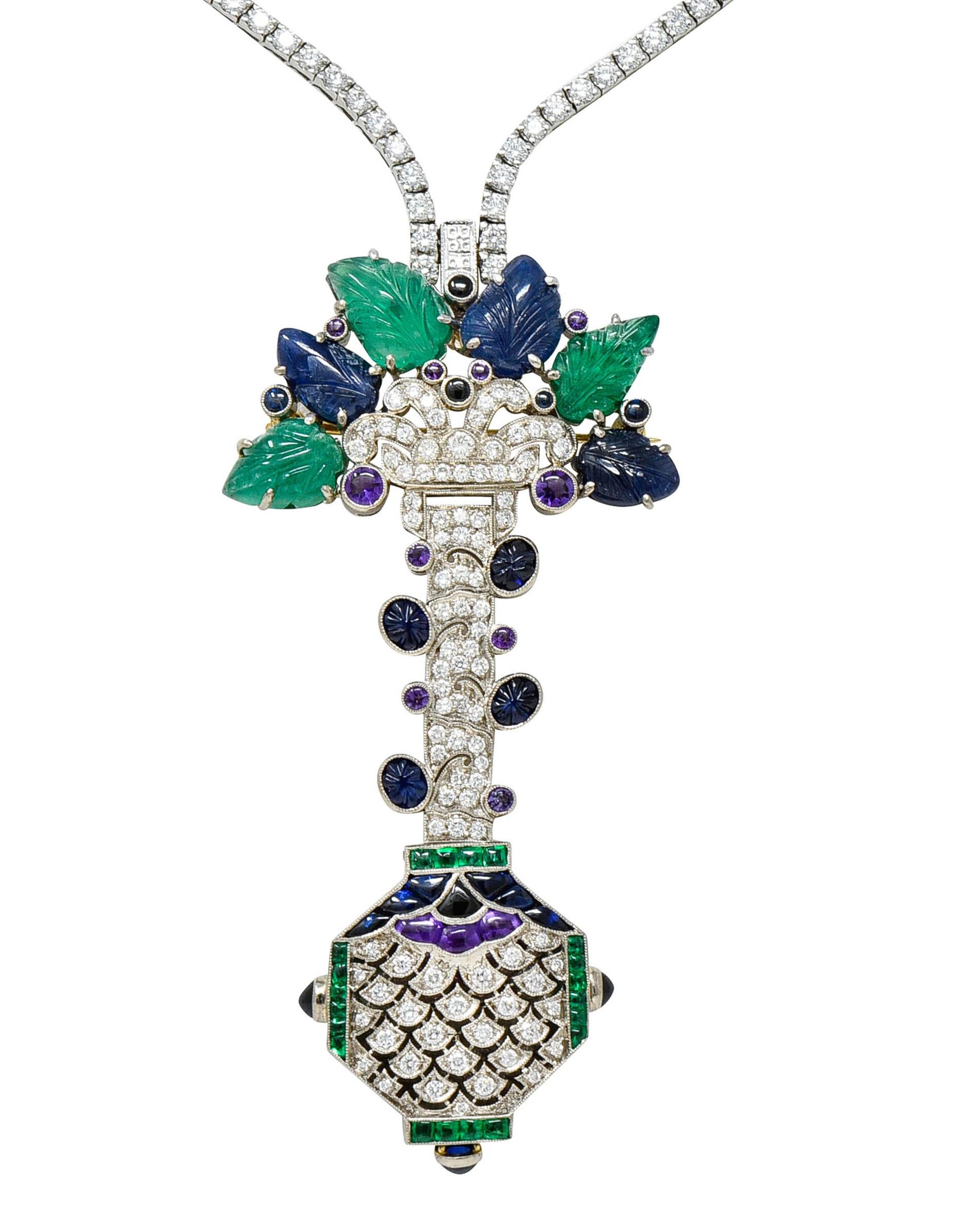 Diamond Sapphire Emerald 18 Karat White Gold Riviera Tutti-Frutti Necklace In Excellent Condition In Philadelphia, PA
