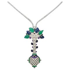Diamond Sapphire Emerald 18 Karat White Gold Riviera Tutti-Frutti Necklace