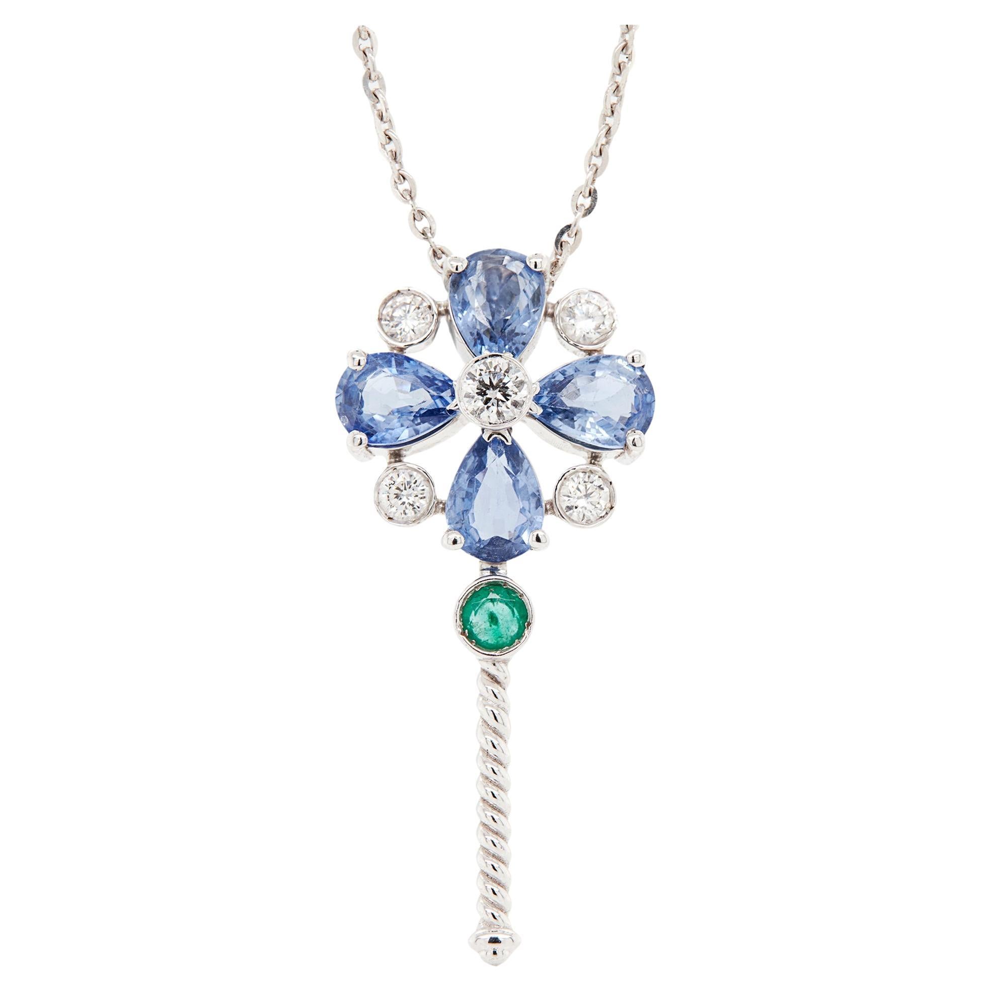 Diamond, Sapphire & Emerald Abstract Key Drop Pendant Necklace in 18K White Gold For Sale