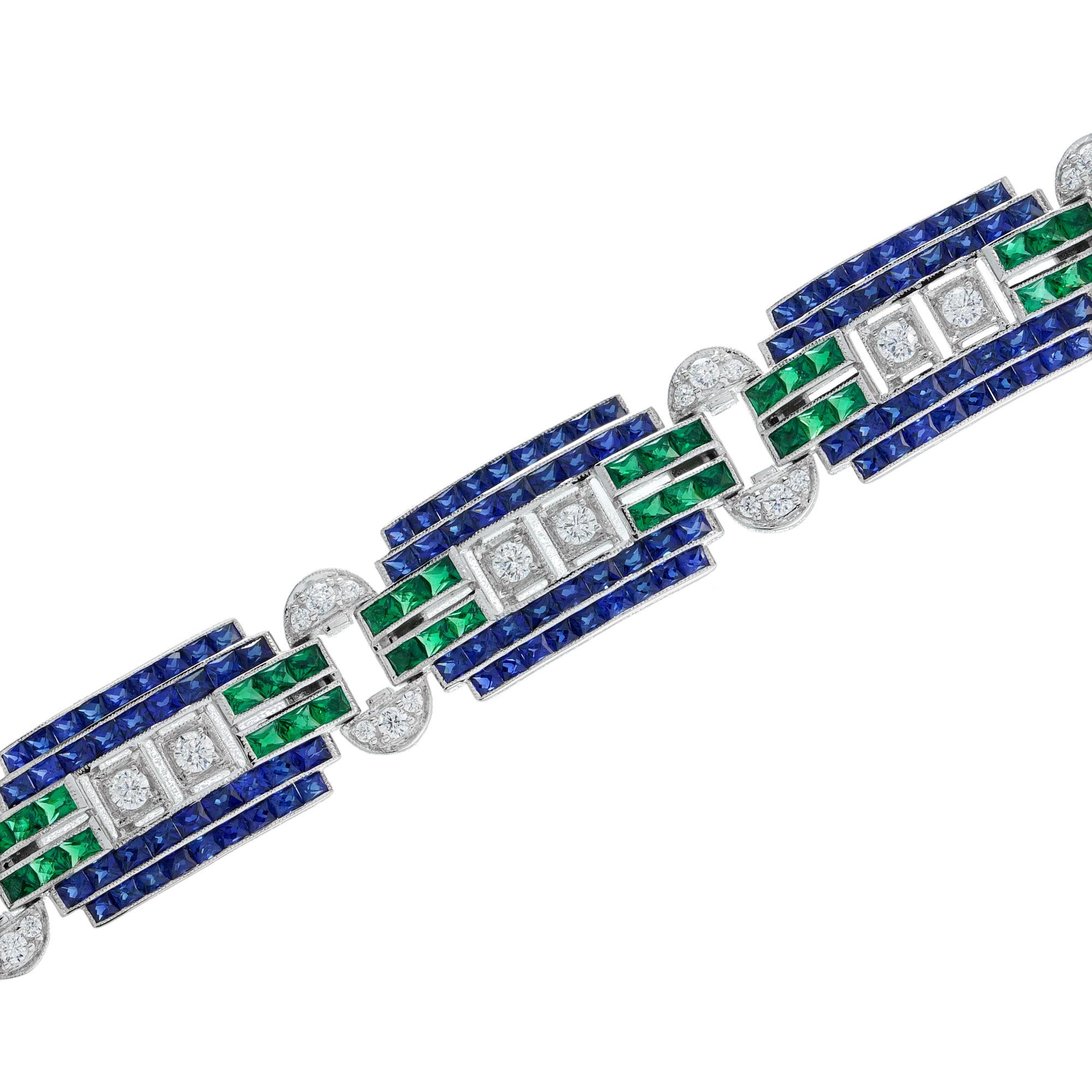 Round Cut Diamond Sapphire Emerald Art Deco Style Bracelet in 18K White Gold For Sale