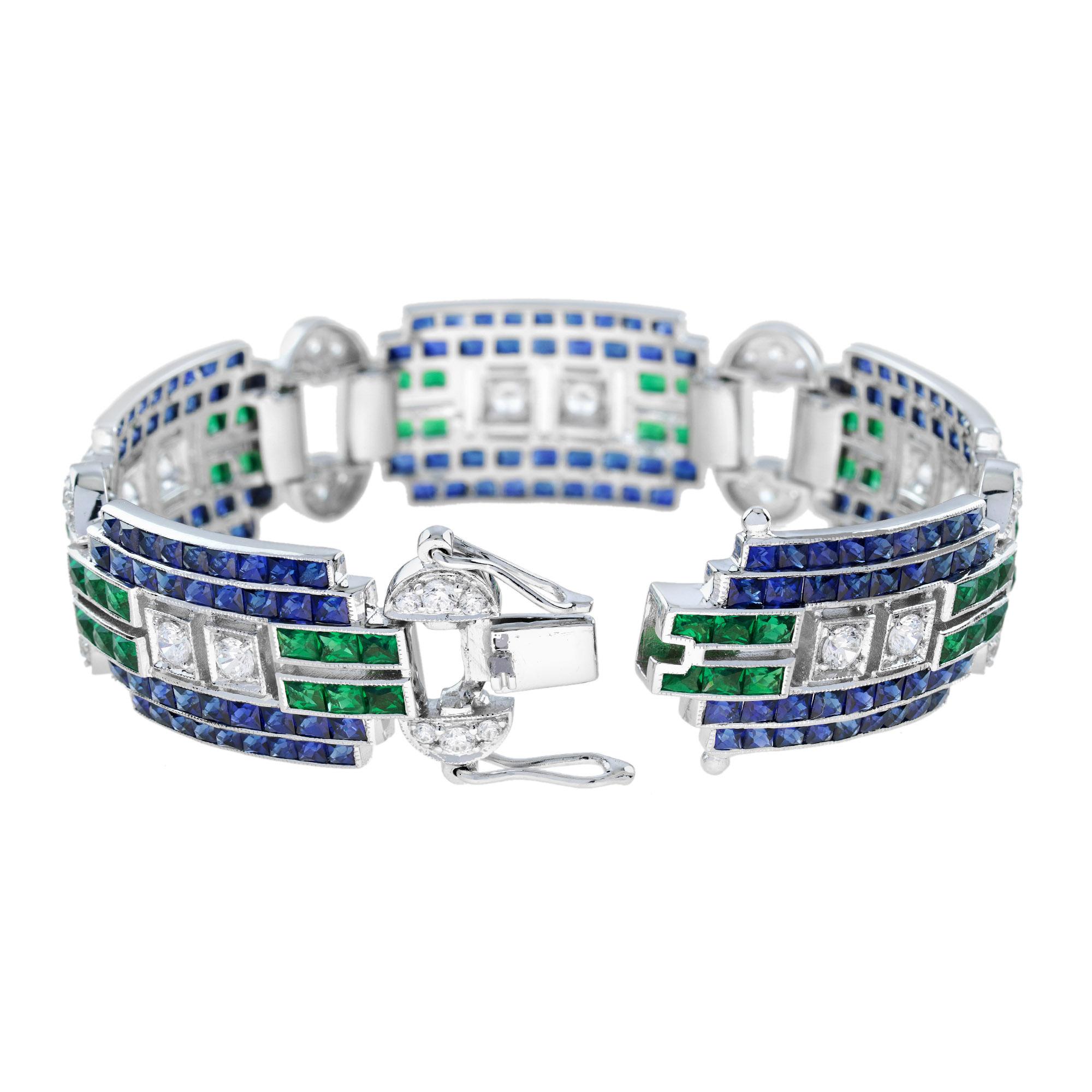 Women's Diamond Sapphire Emerald Art Deco Style Bracelet in 18K White Gold For Sale