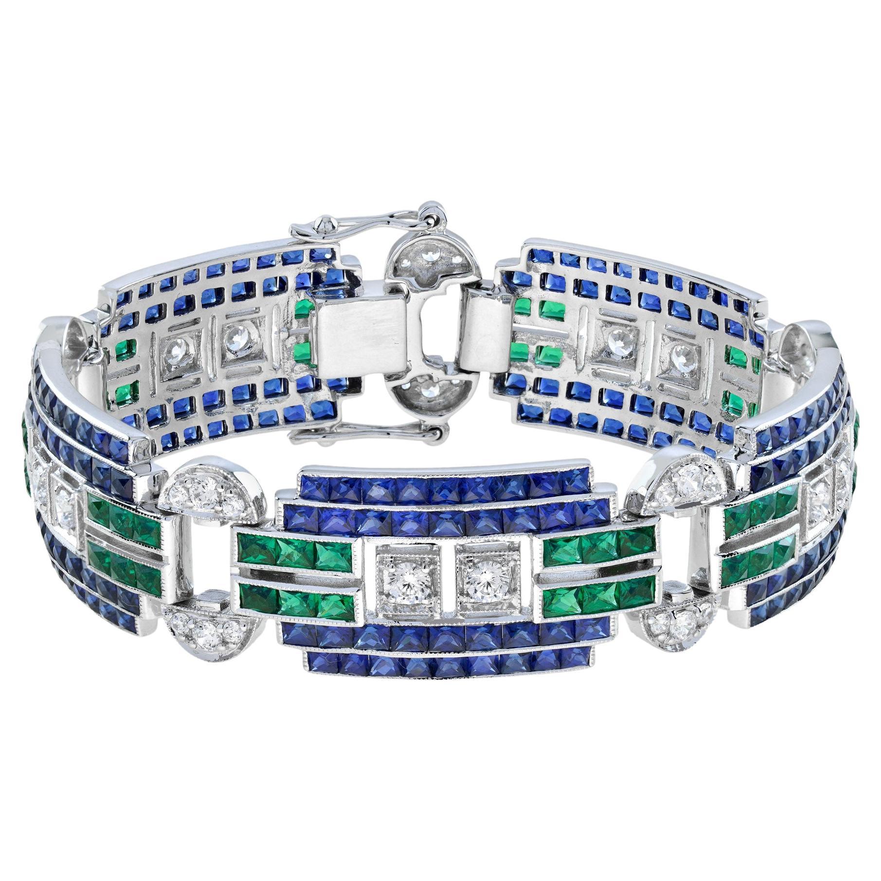 Diamond Sapphire Emerald Art Deco Style Bracelet in 18K White Gold For Sale
