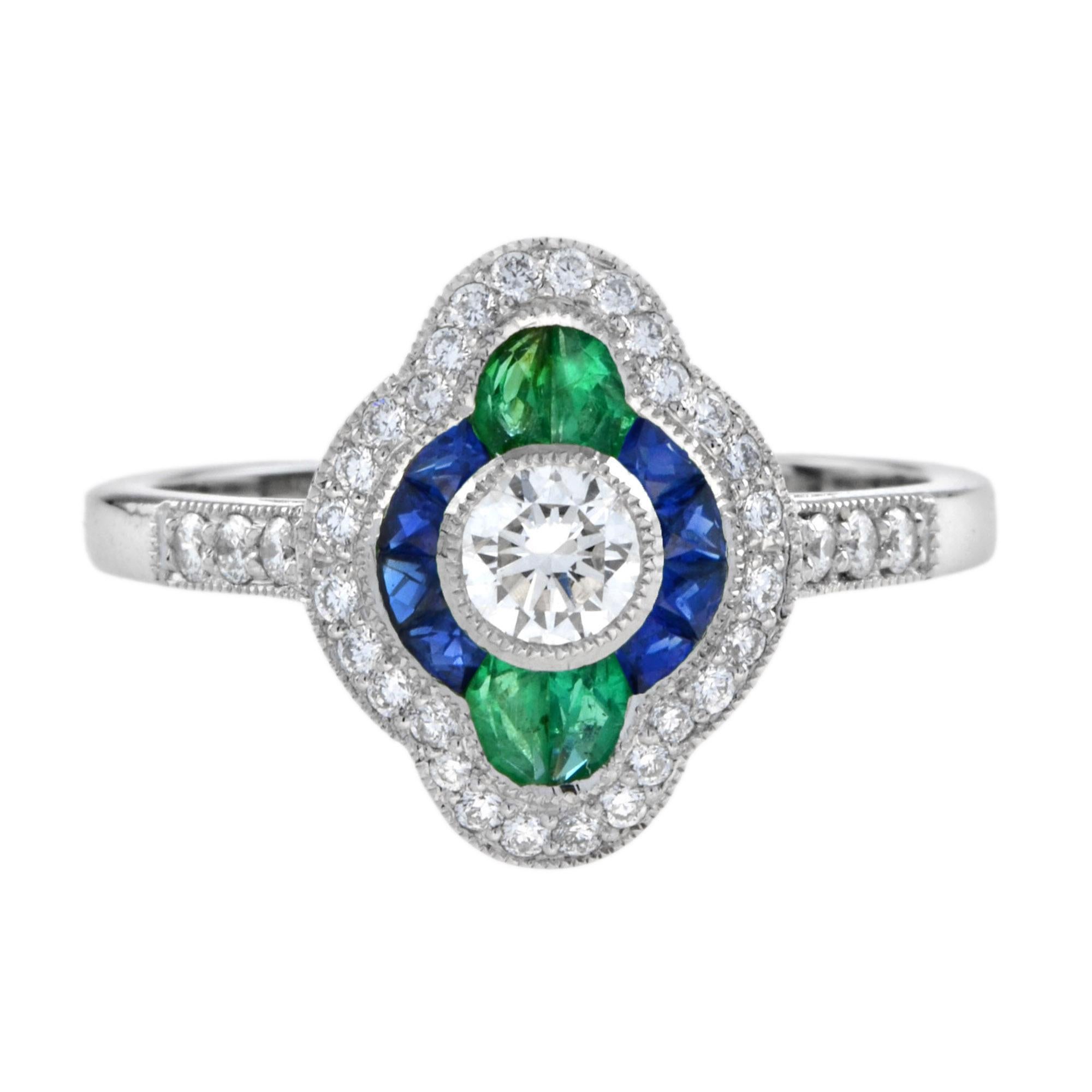 For Sale:  Diamond Sapphire Emerald Art Deco Style Engagement Ring in 18k White Gold 2