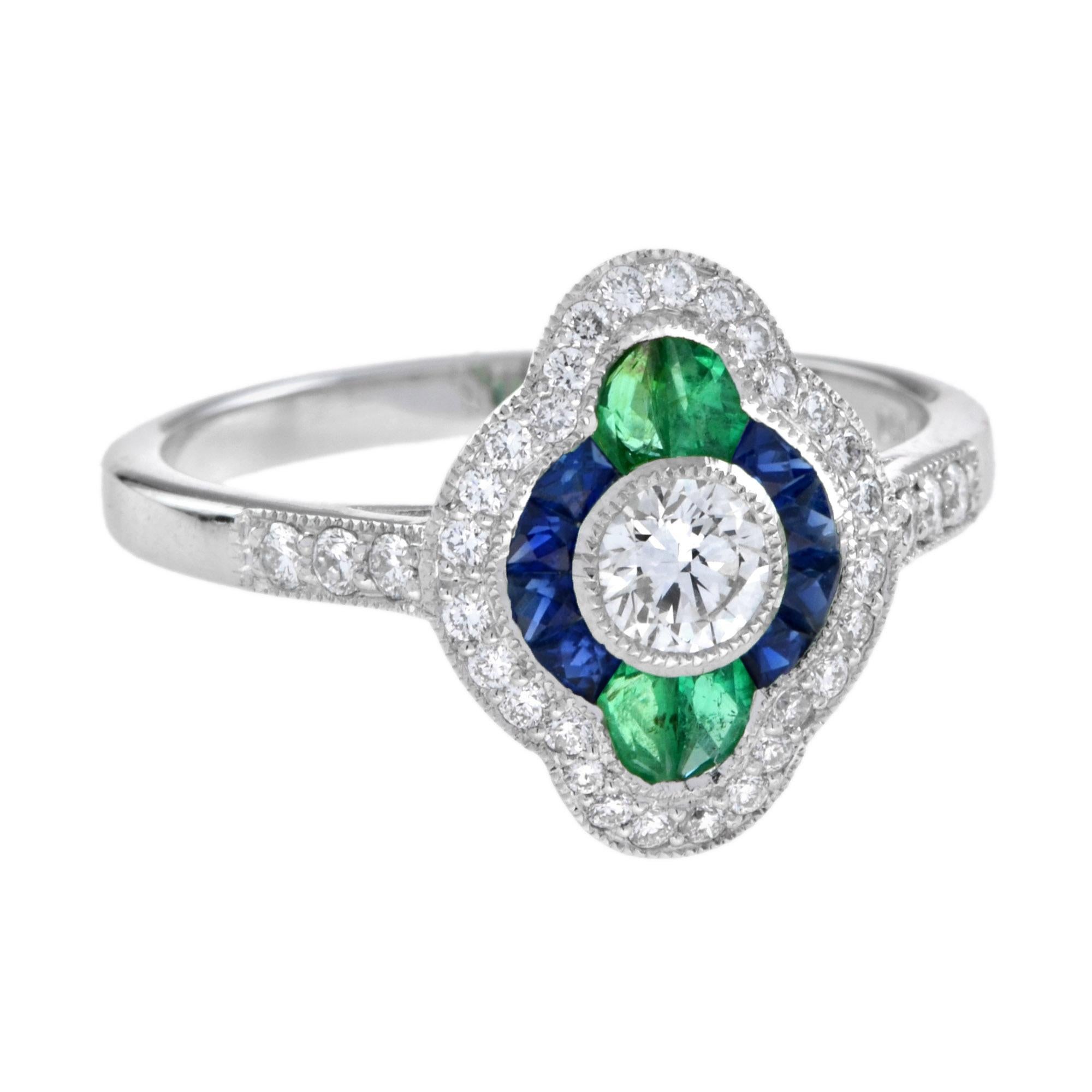 For Sale:  Diamond Sapphire Emerald Art Deco Style Engagement Ring in 18k White Gold 3