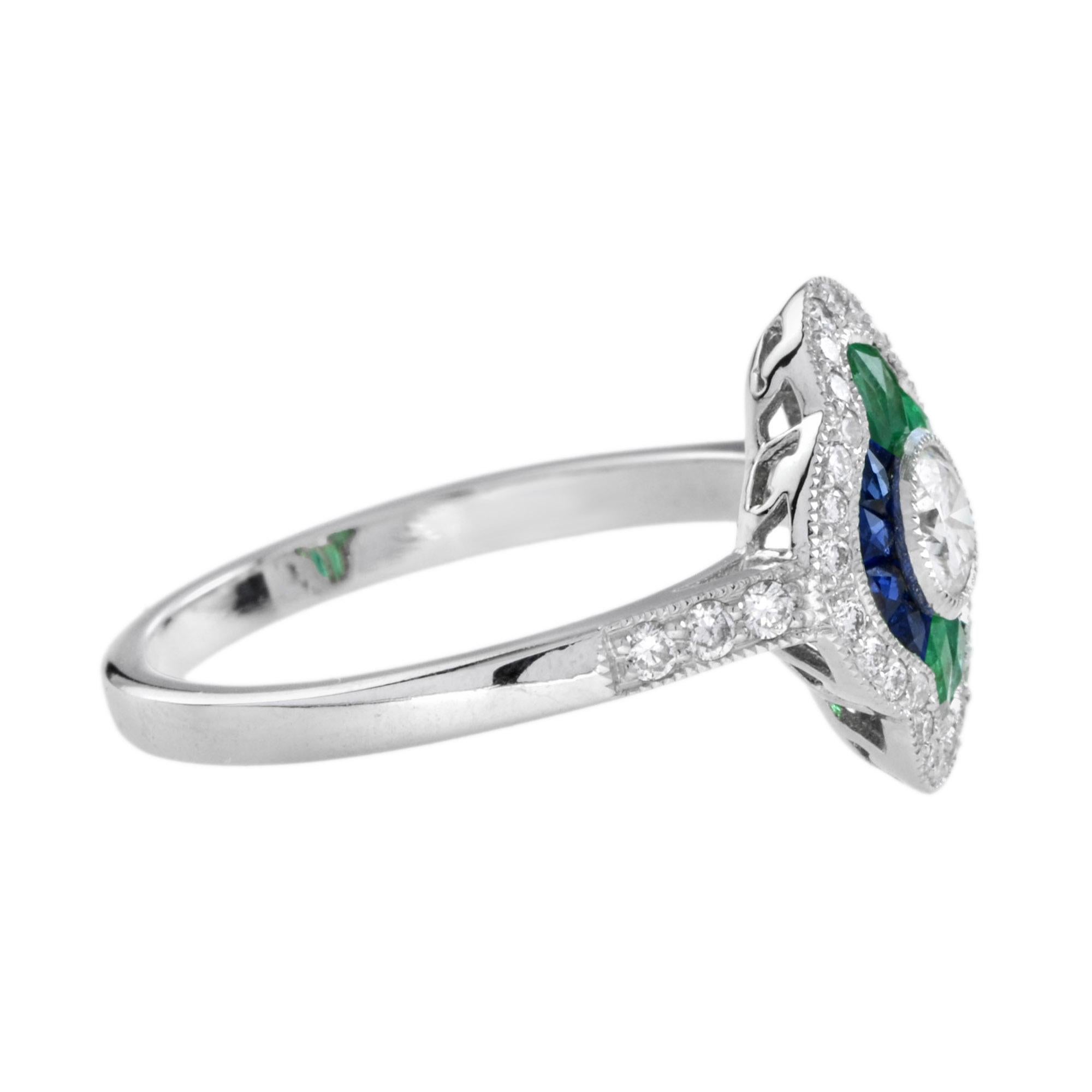 For Sale:  Diamond Sapphire Emerald Art Deco Style Engagement Ring in 18k White Gold 4
