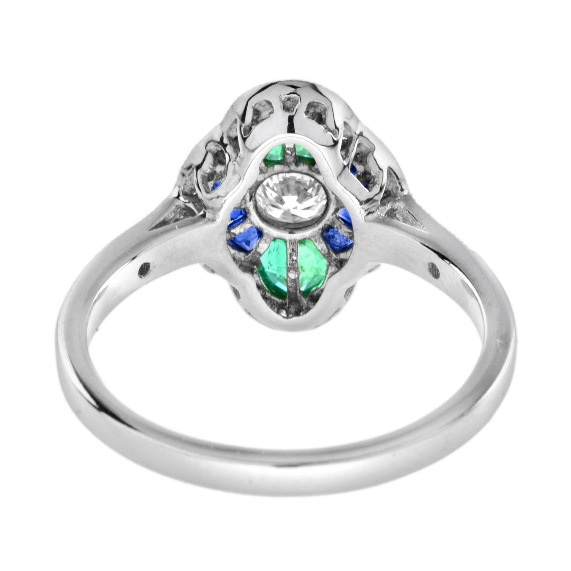 For Sale:  Diamond Sapphire Emerald Art Deco Style Engagement Ring in 18k White Gold 5