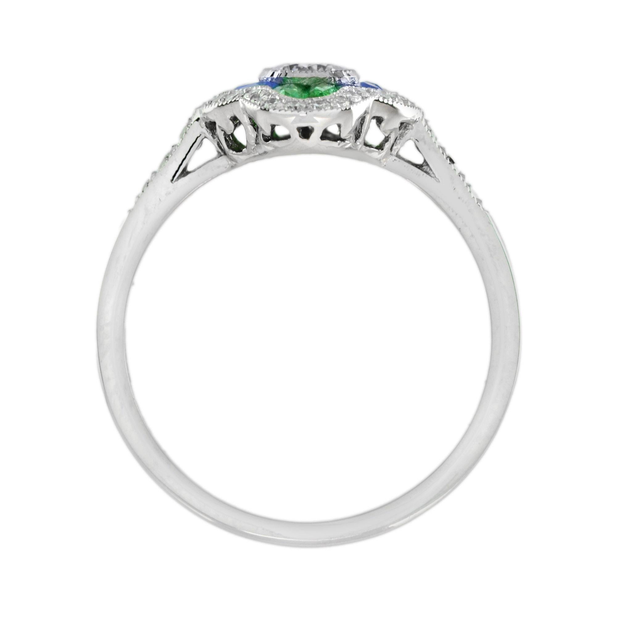 For Sale:  Diamond Sapphire Emerald Art Deco Style Engagement Ring in 18k White Gold 6