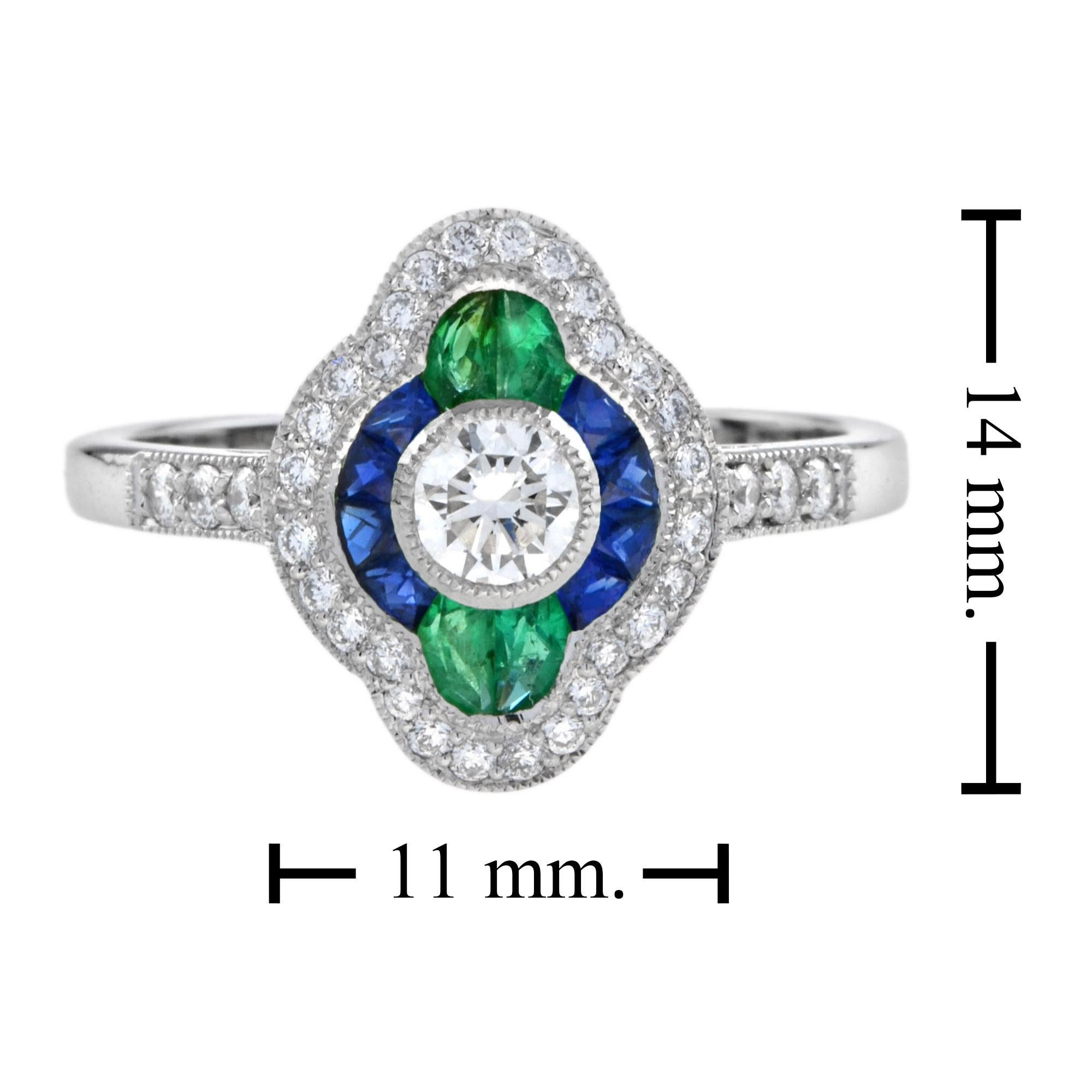 For Sale:  Diamond Sapphire Emerald Art Deco Style Engagement Ring in 18k White Gold 7