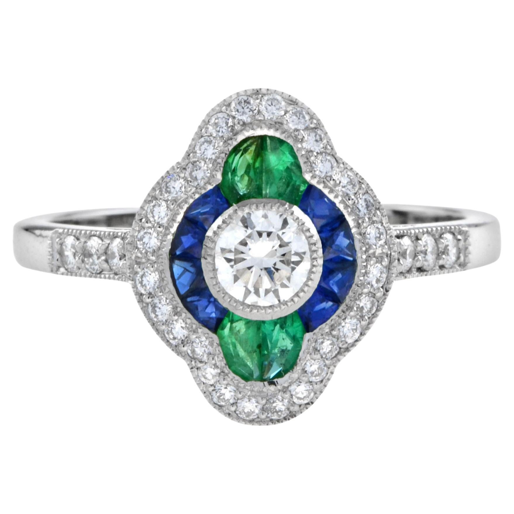 Diamond Sapphire Emerald Art Deco Style Engagement Ring in 18k White Gold