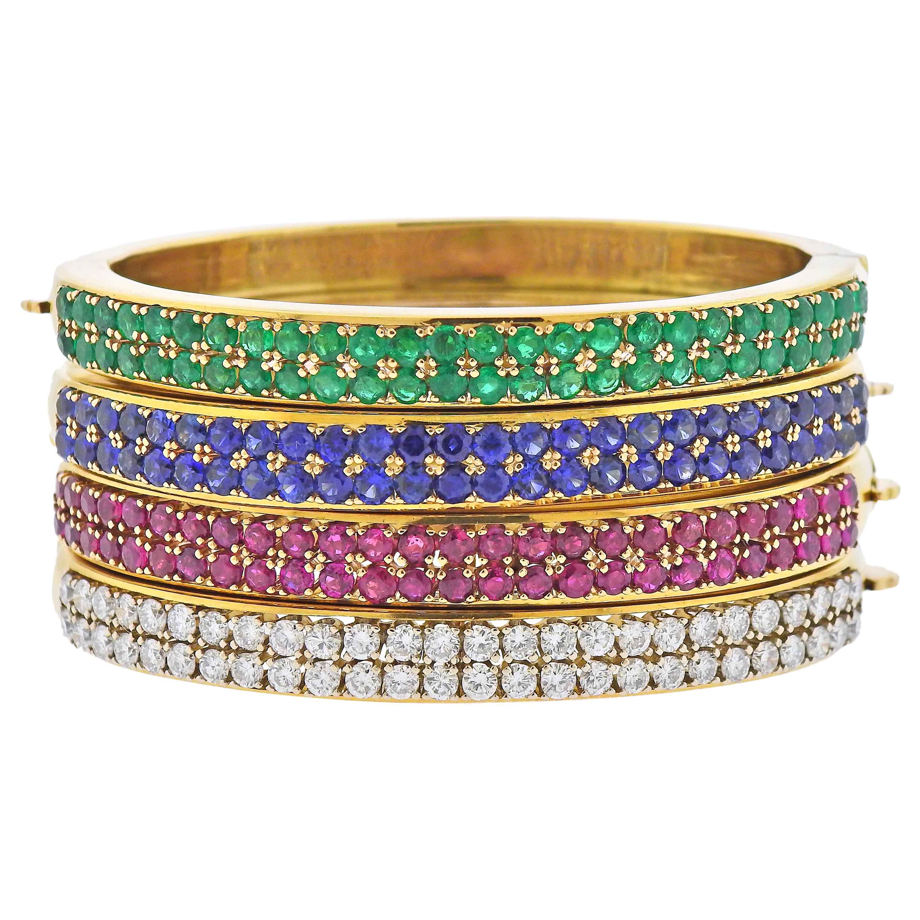 Diamond Sapphire Emerald Ruby Gold Bangle Bracelet Set of 4 For Sale