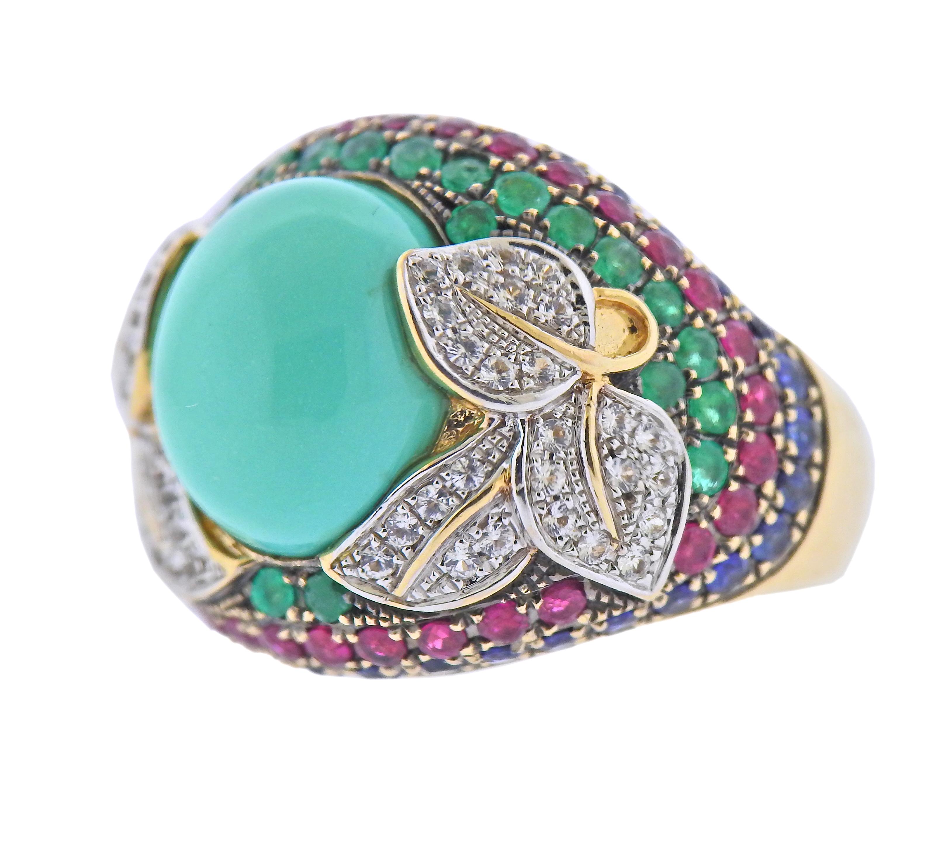 14k gold cocktail ring, featuring sapphires, emeralds, rubies, diamonds and center turquoise. Ring size - 4.5, ring top is 18mm wide. Marked 14k, China FP. Weight - 11.4 grams.