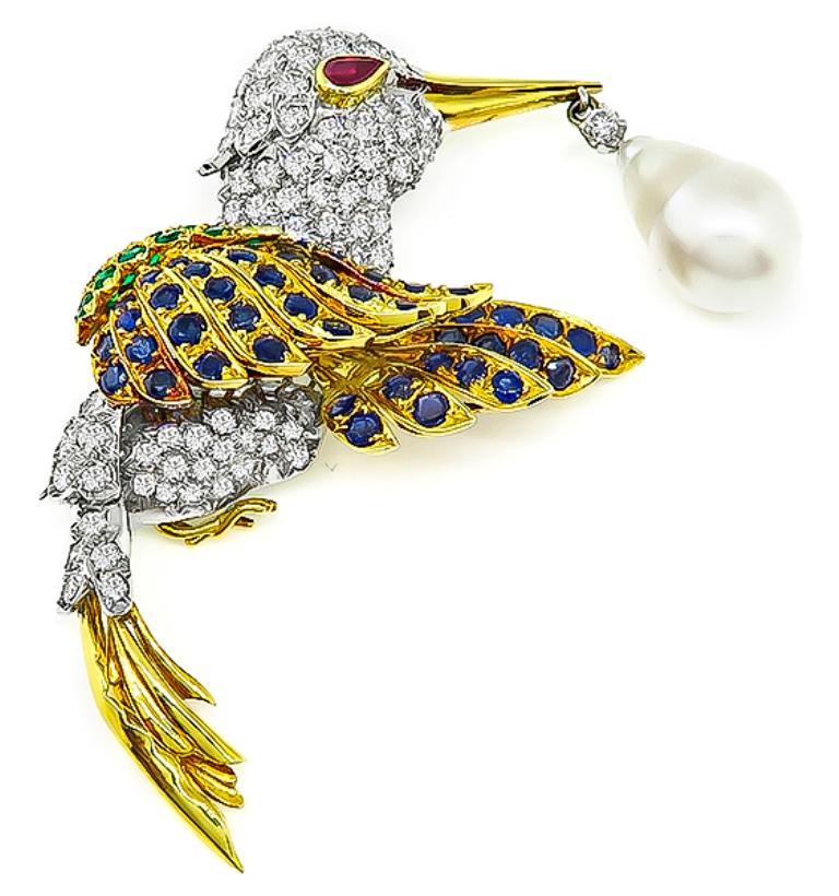 Diamond Sapphire Emerald South Sea Pearl Bird Brooch In Excellent Condition In New York, NY