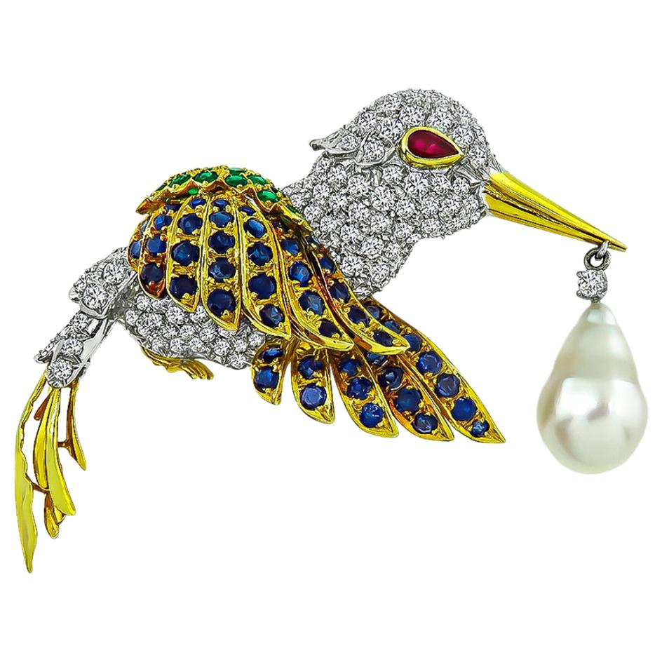 Diamond Sapphire Emerald South Sea Pearl Bird Brooch