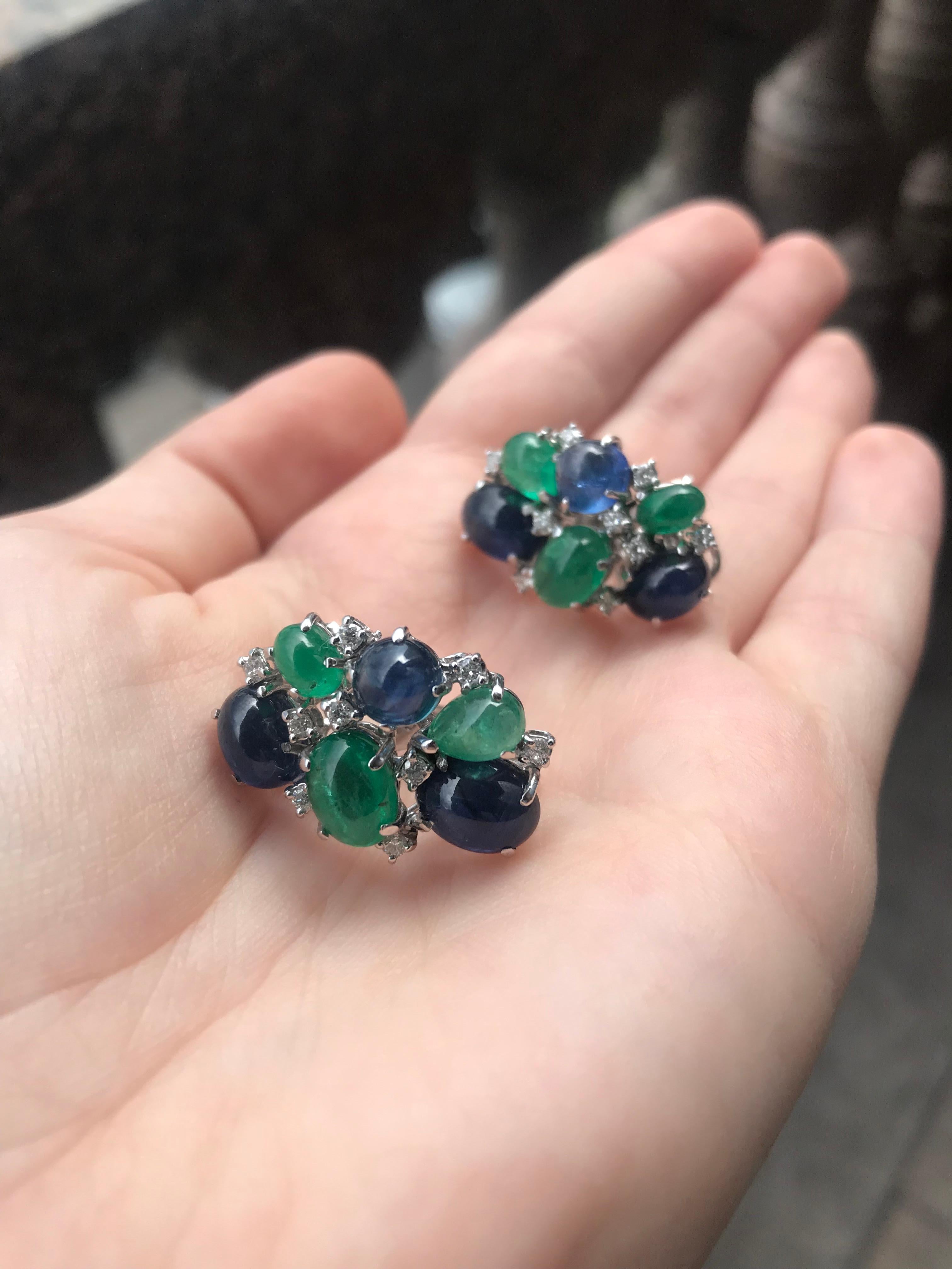 Fabulous Diamond Sapphire Emerald White Gold 18 Karat Earrings In New Condition For Sale In Montreux, CH
