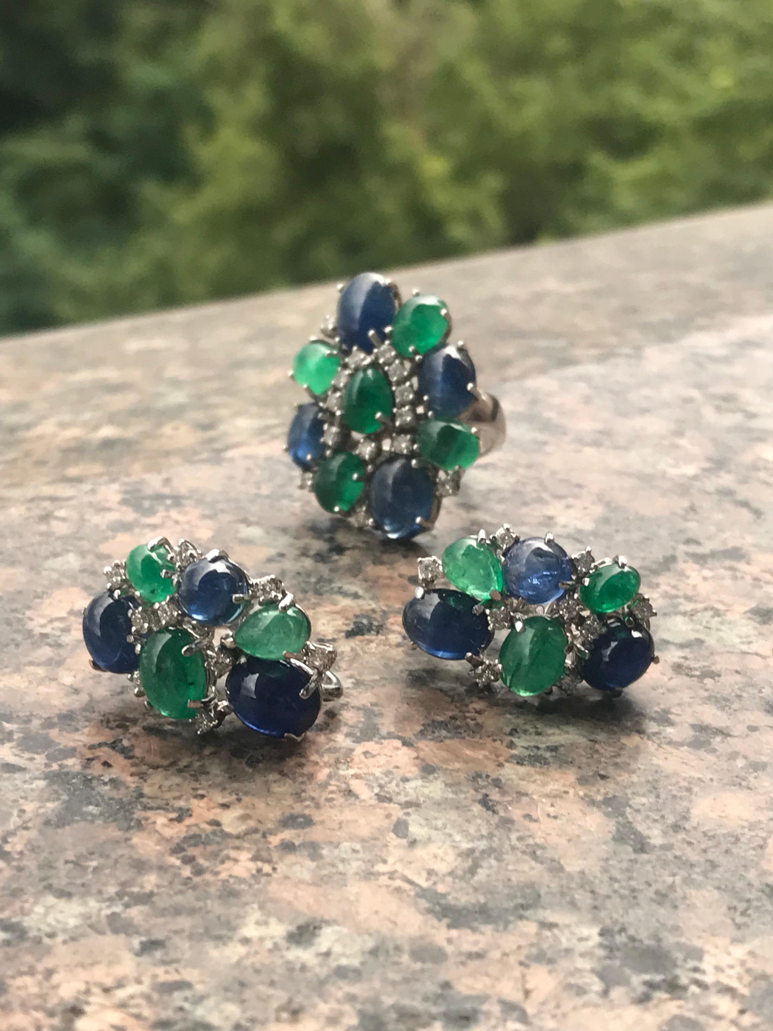 Women's Fabulous Diamond Sapphire Emerald White Gold 18 Karat Earrings For Sale