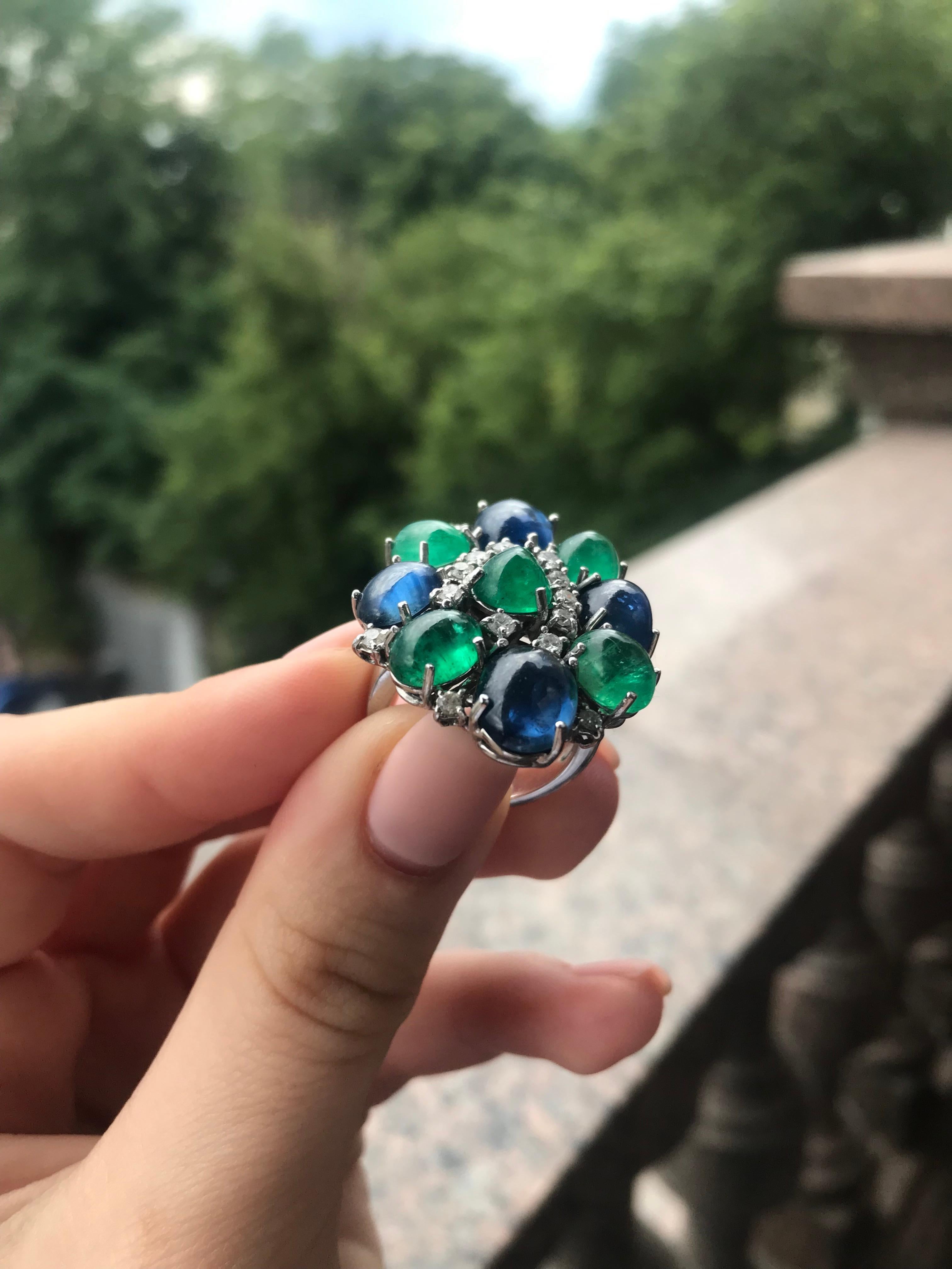 Gianni Lazzaro Diamond Sapphire Emerald White Gold 18 Karat Ring for Her In New Condition For Sale In Montreux, CH