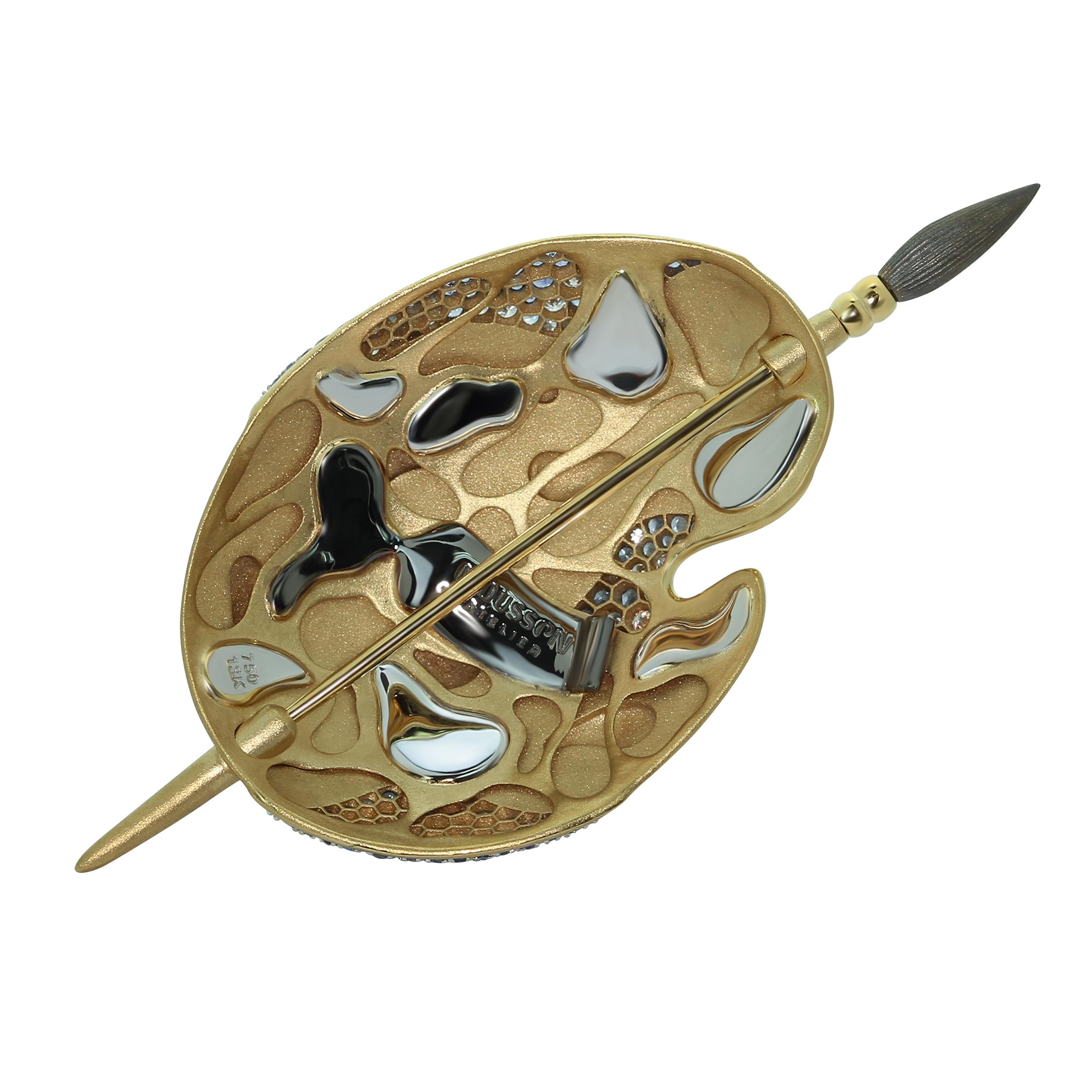 Diamond Sapphire Enamel 18 Karat Yellow Gold Palette and Brush Brooch
High detailed back part. Best present ever for some Artistic Person. 

Accompanied with the ring LU116414785053 and earrings LU116414785073

Size 31.1x60x8.7 mm
Weight 12.97 gm