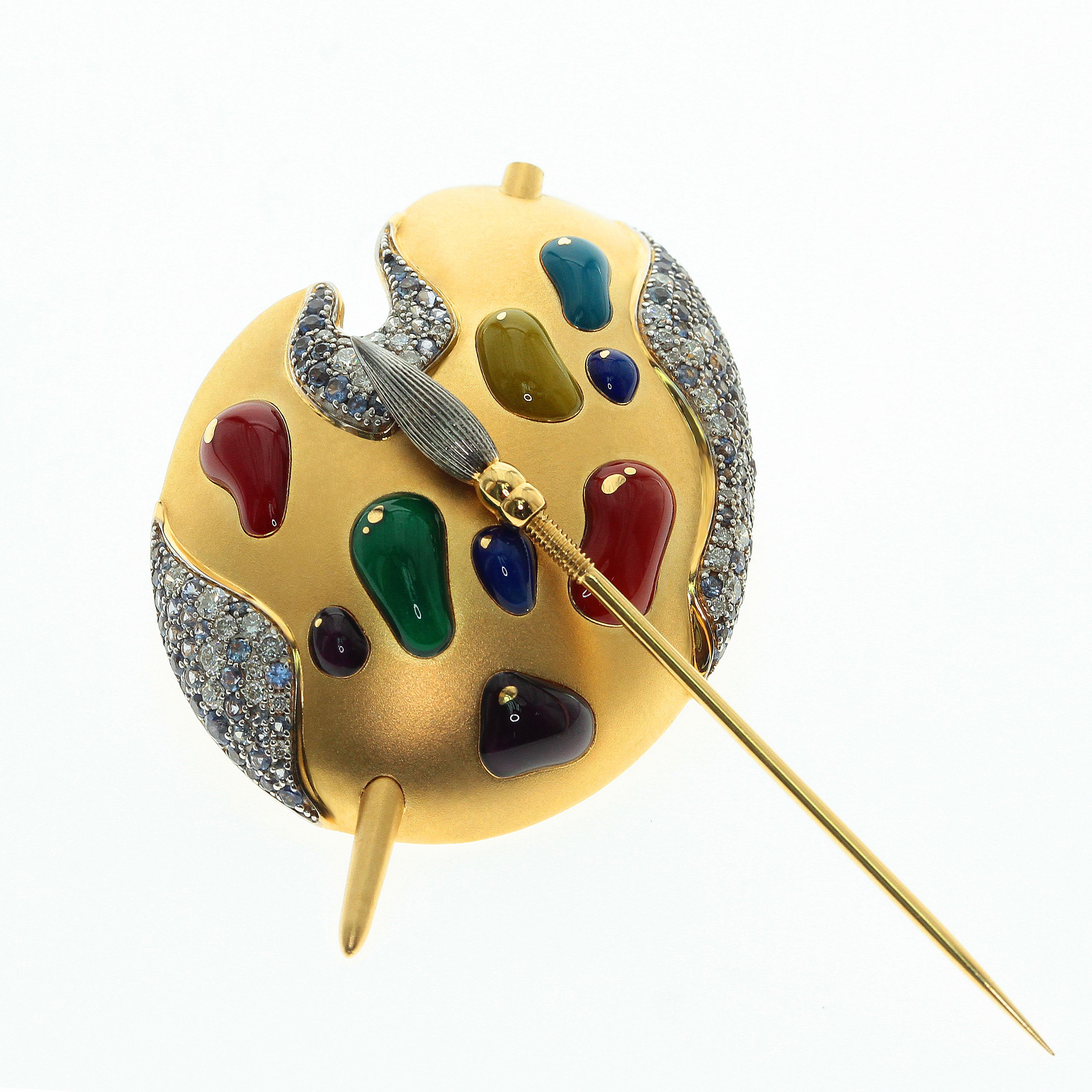 Contemporary Diamond Sapphire Enamel 18 Karat Yellow Gold Palette and Brush Brooch For Sale