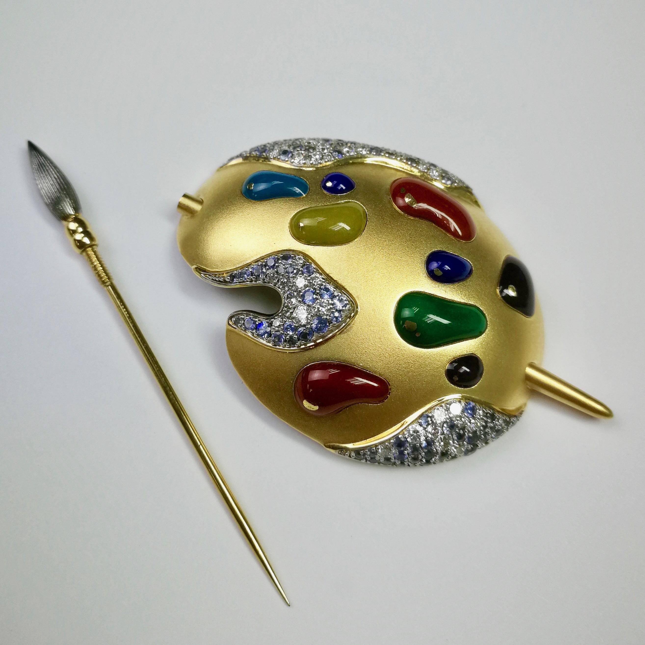 Women's or Men's Diamond Sapphire Enamel 18 Karat Yellow Gold Palette and Brush Brooch For Sale
