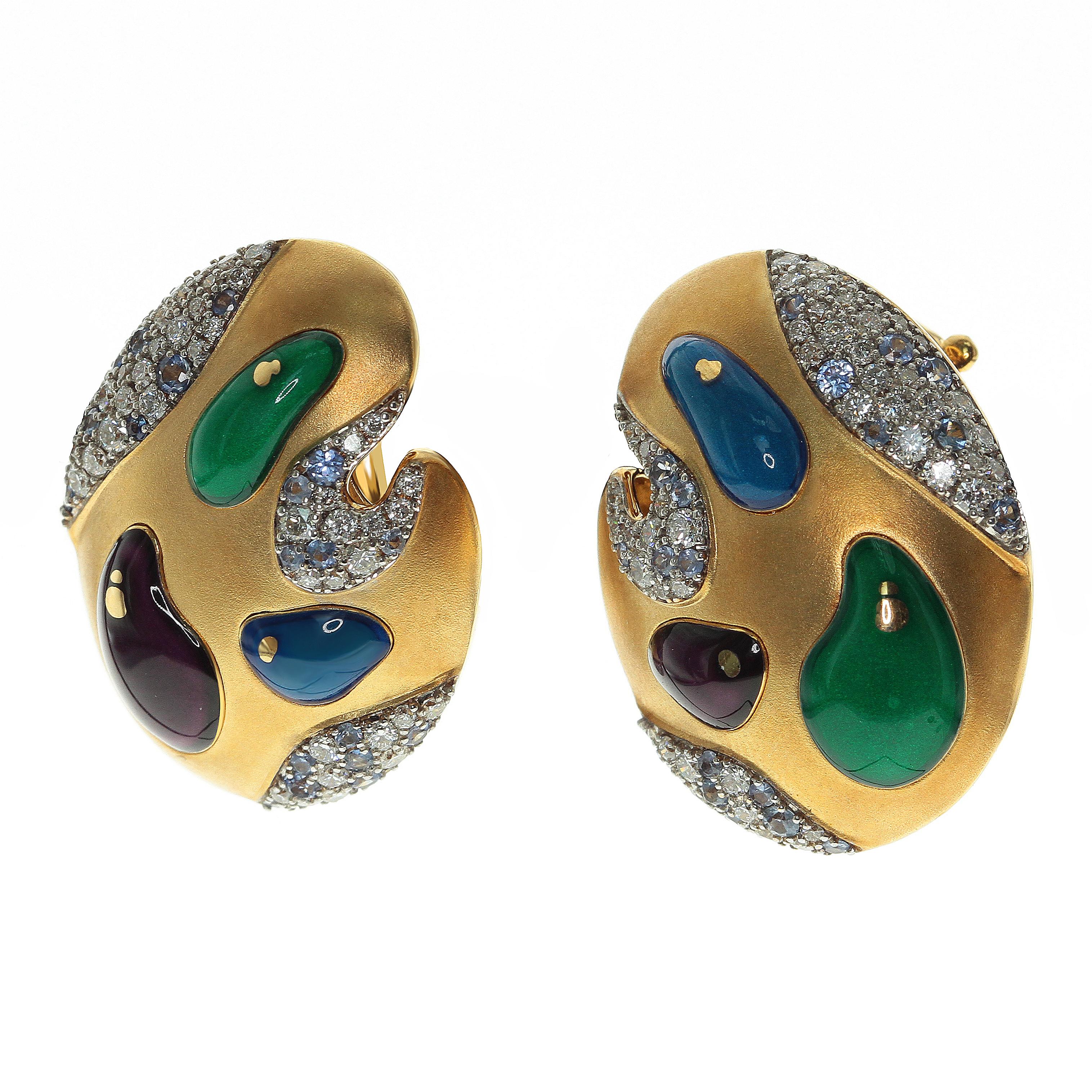 Diamond Sapphire Enamel 18 Karat Yellow Gold Palette Earrings
High detailed back part. Best present ever for some Artistic Person. 
Accompanied with the ring LU116414785053 and brooch LU116414785033

Size 17.3x22.8x6.1 mm
Weight 12.45 gm