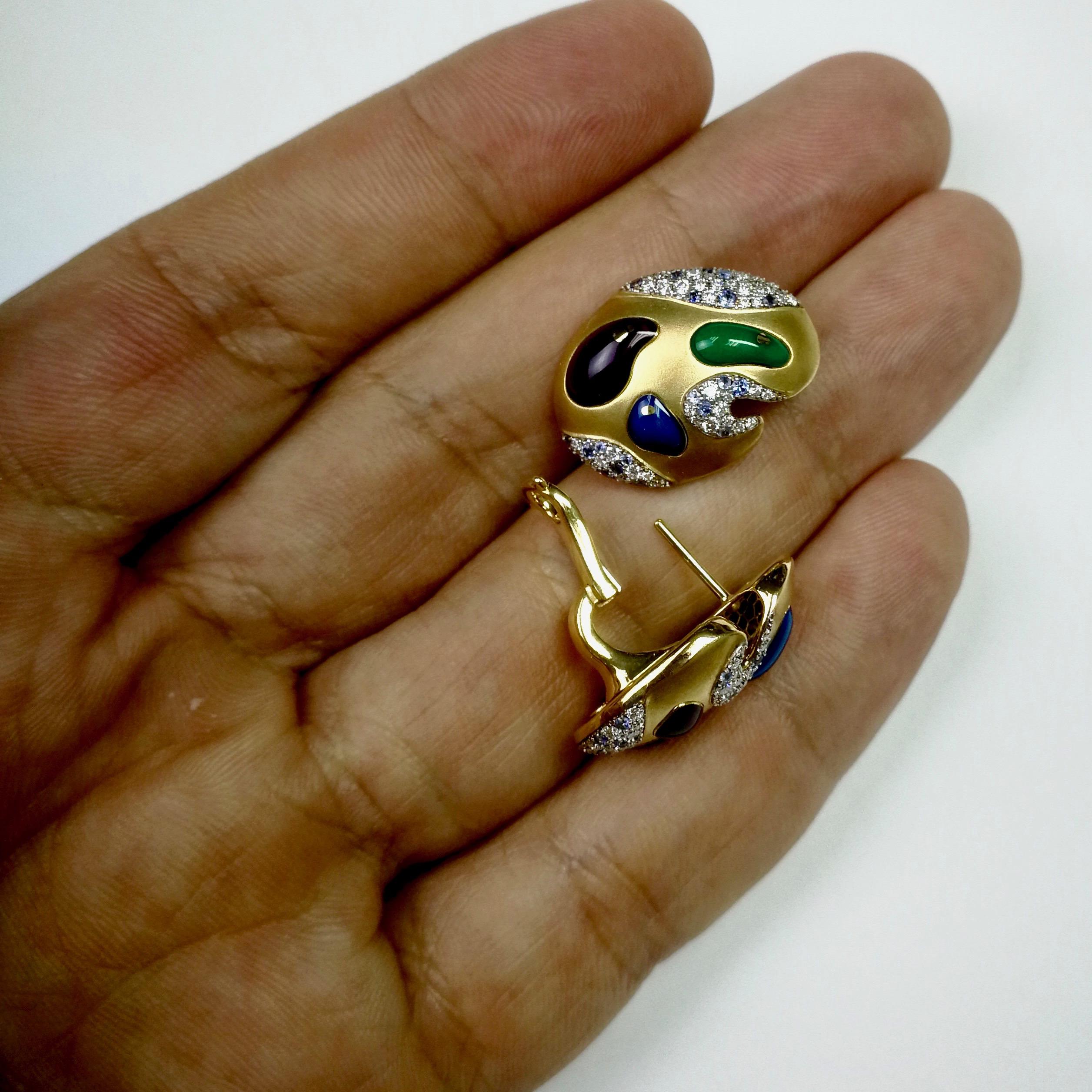 Women's or Men's Diamond Sapphire Enamel 18 Karat Yellow Gold Palette Earrings