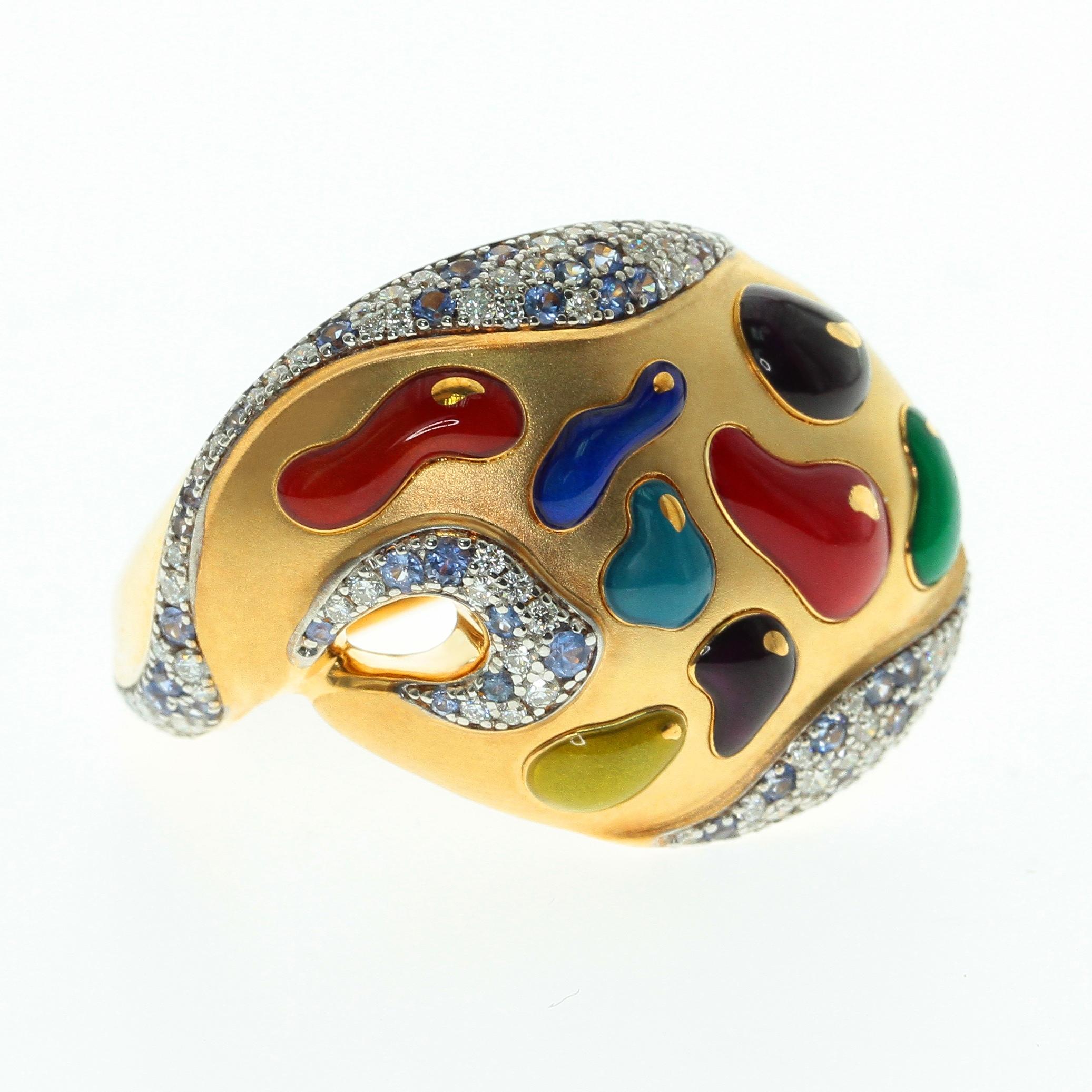 Diamant-Saphir-Emaille 18 Karat Gelbgold Palette Ring
Hochdetailliertes Rückenteil. Das beste Geschenk aller Zeiten für eine Artistik-Person. 
Begleitet von den Ohrringen LU116414785073 und der Brosche LU116414785033

Größe 29,2x22x25,4 mm
Gewicht