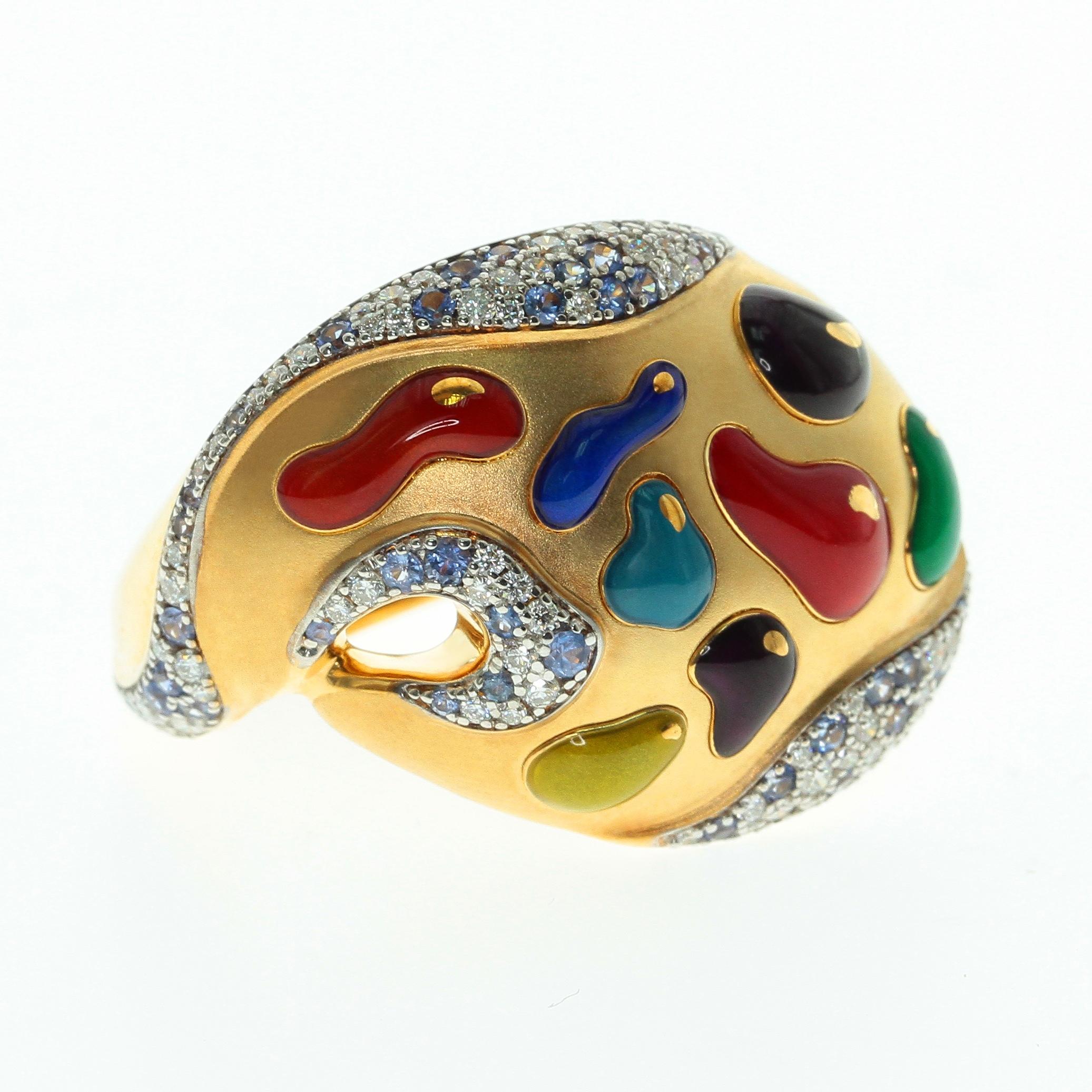 Anillo Paleta Diamante Zafiro Esmalte Oro Amarillo 18 Kilates
Parte trasera muy detallada. El mejor regalo para una persona artística. 
Acompañado de los pendientes LU116414785073 y el broche LU116414785033

Tamaño 29,2x22x25,4 mm
Peso 10,18
