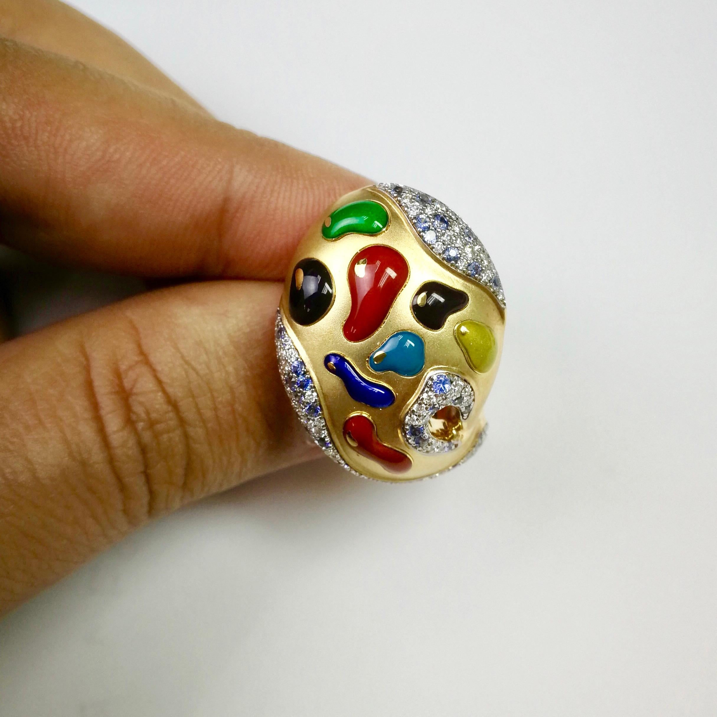 Diamant-Saphir-Emaille 18 Karat Gelbgold Palette Ring (Zeitgenössisch) im Angebot