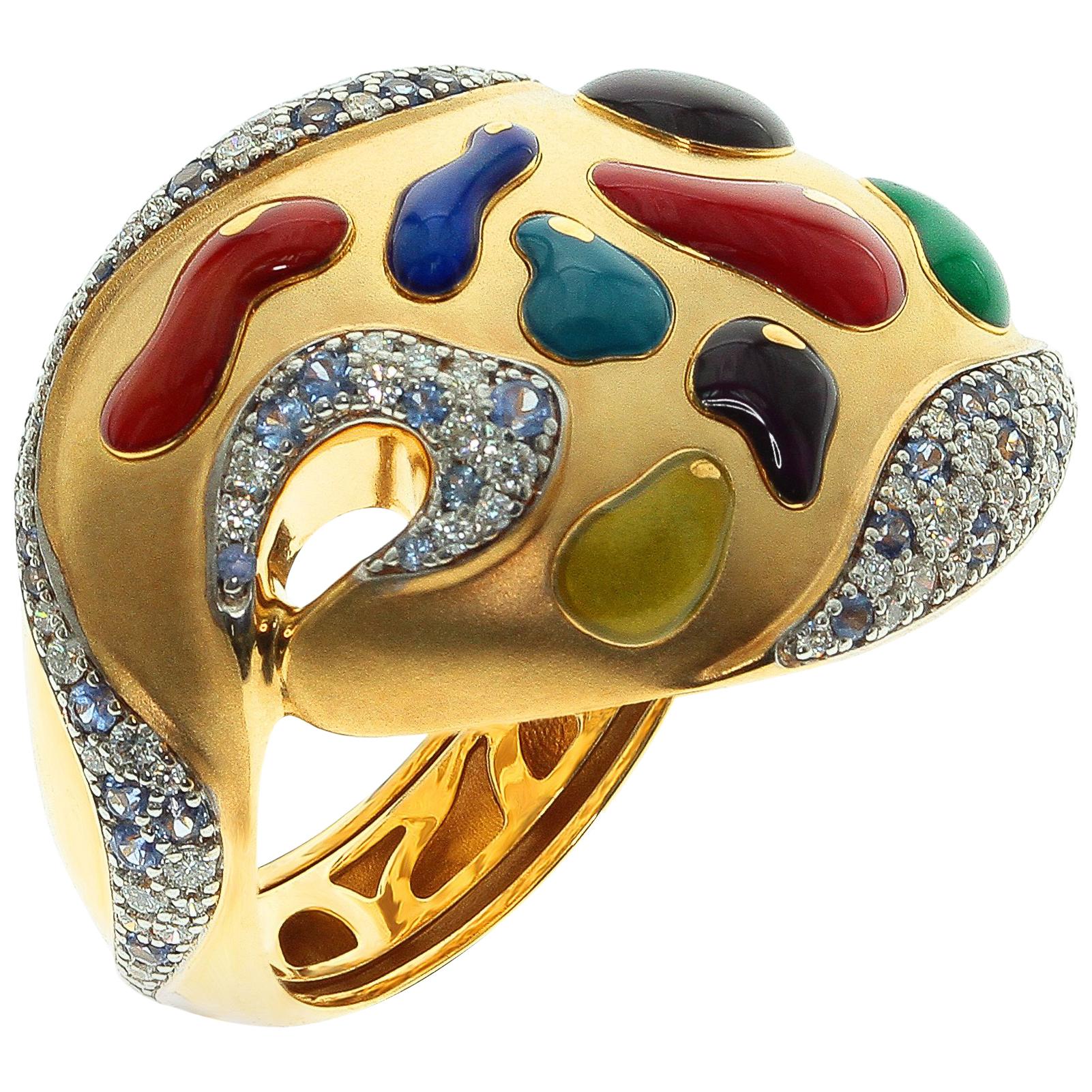 Diamant-Saphir-Emaille 18 Karat Gelbgold Palette Ring