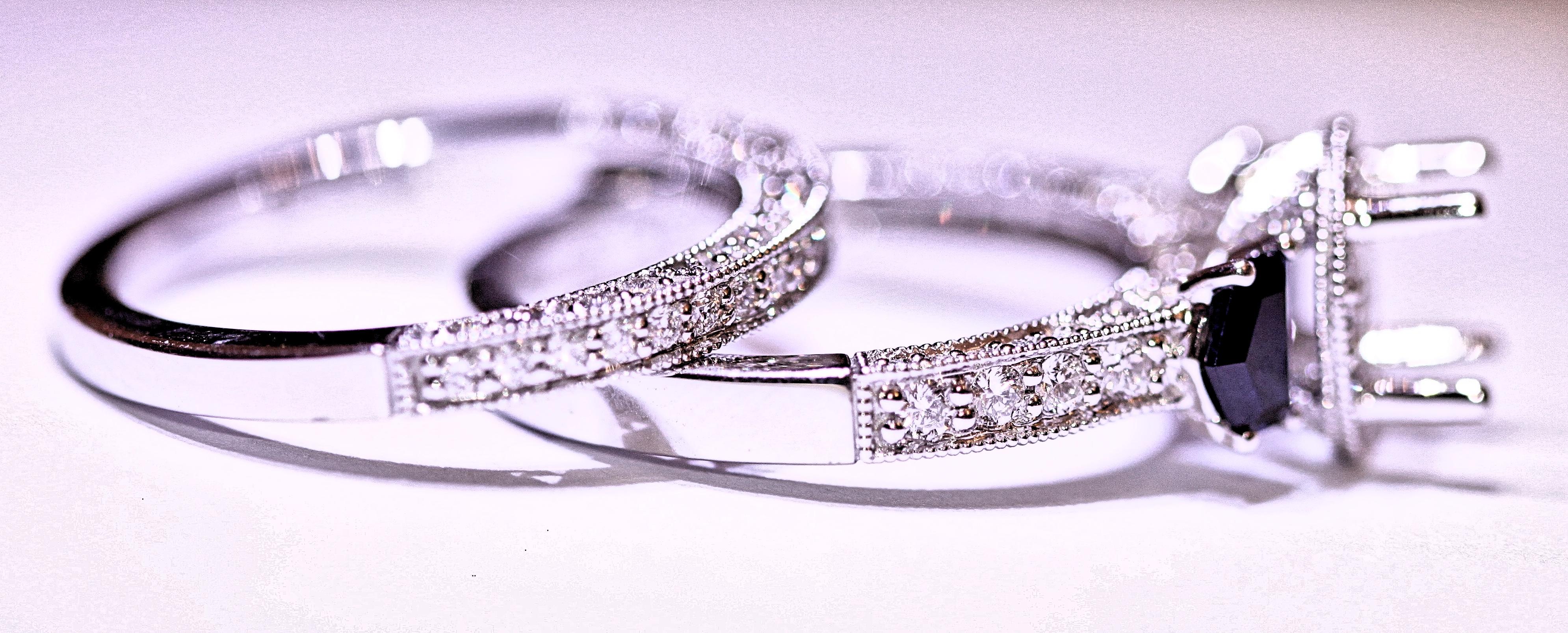 Round Cut Diamond Sapphire Ring Diamond Wedding Band 18 Karat White Gold 1.20 Carat For Sale