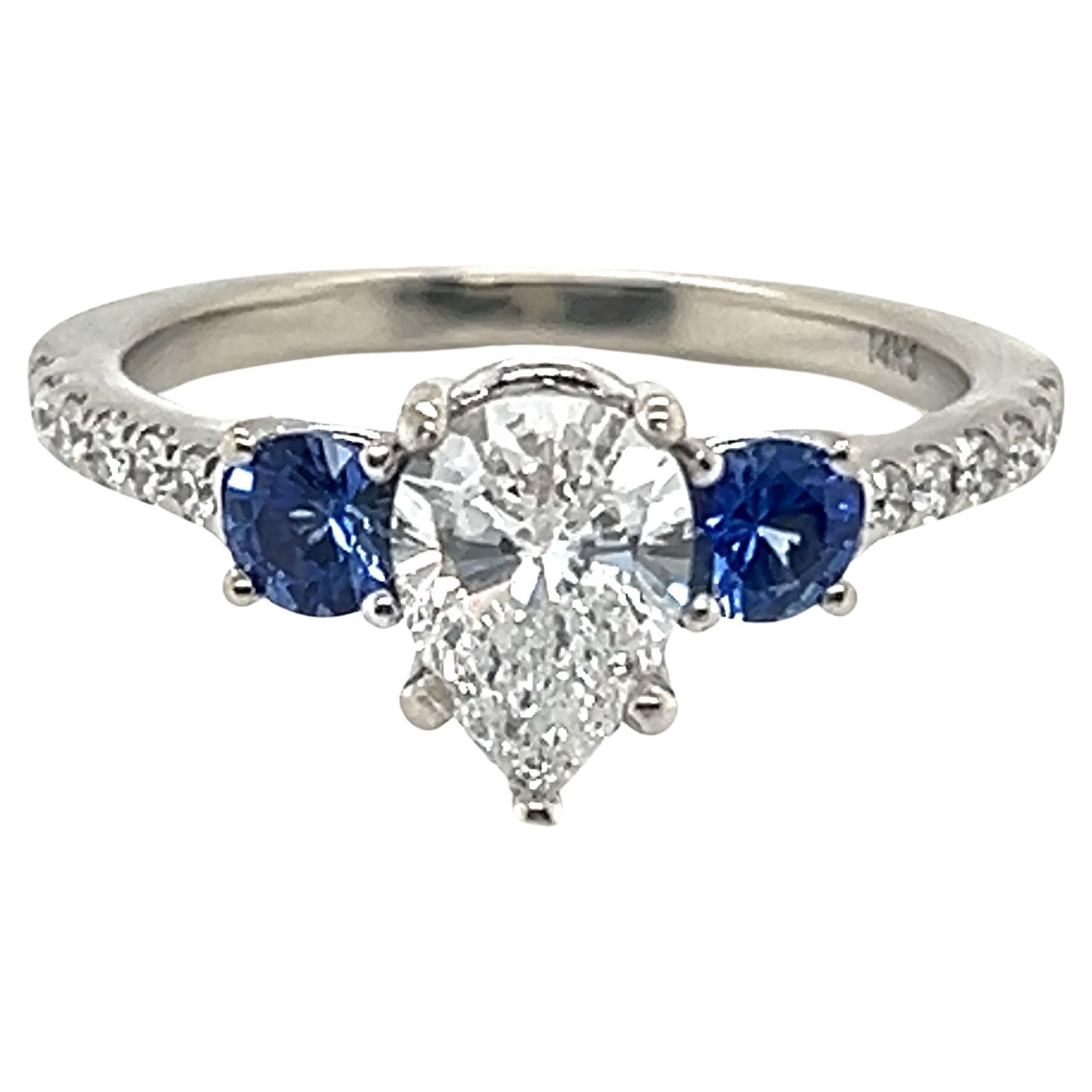 Diamond Sapphire Engagement Ring Pear Cut 1.50 Carat 14K White Gold 1.50ct