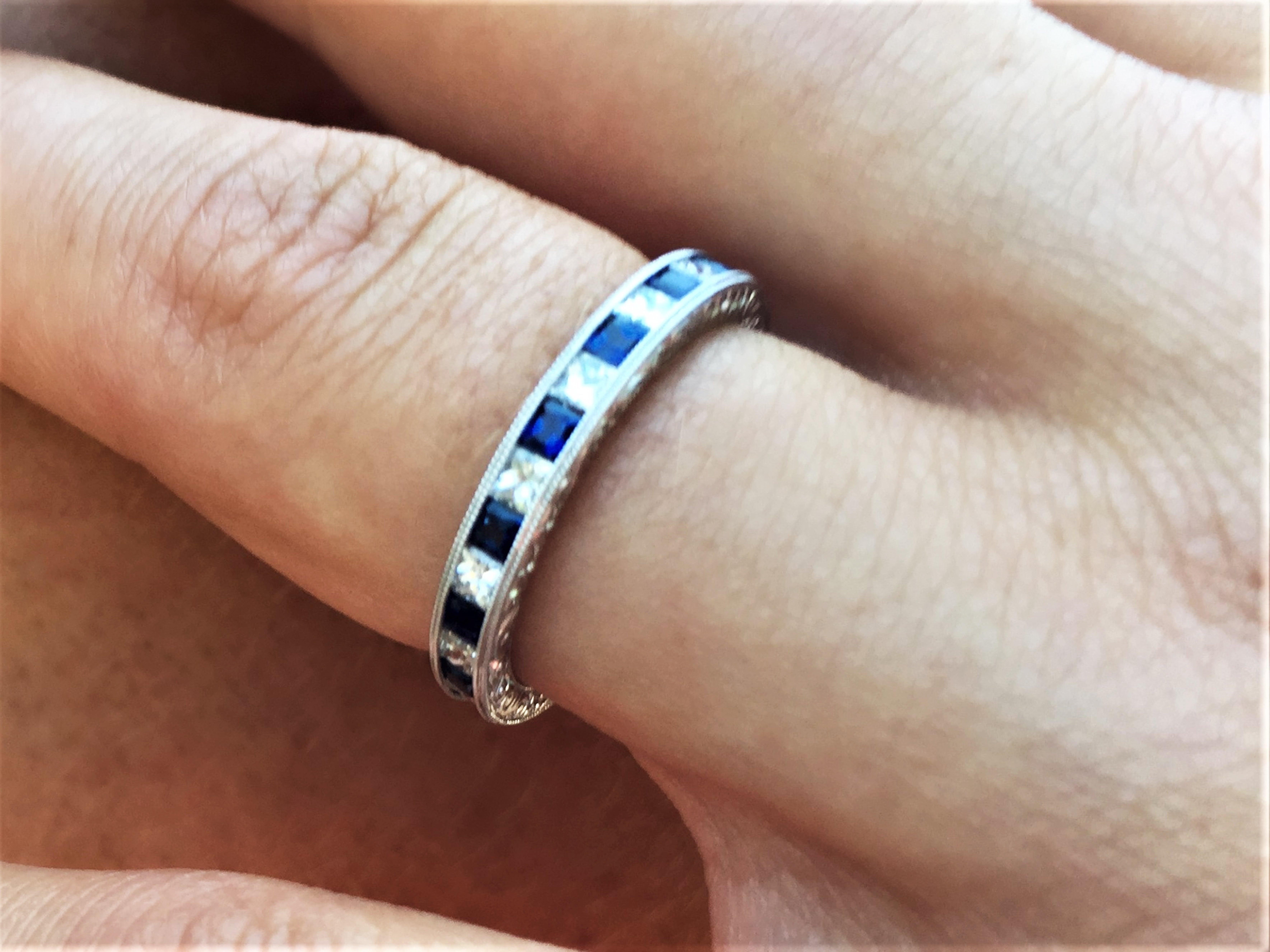 Diamond Sapphire Eternity Hand Engraved Platinum Special Order Band Ring 3