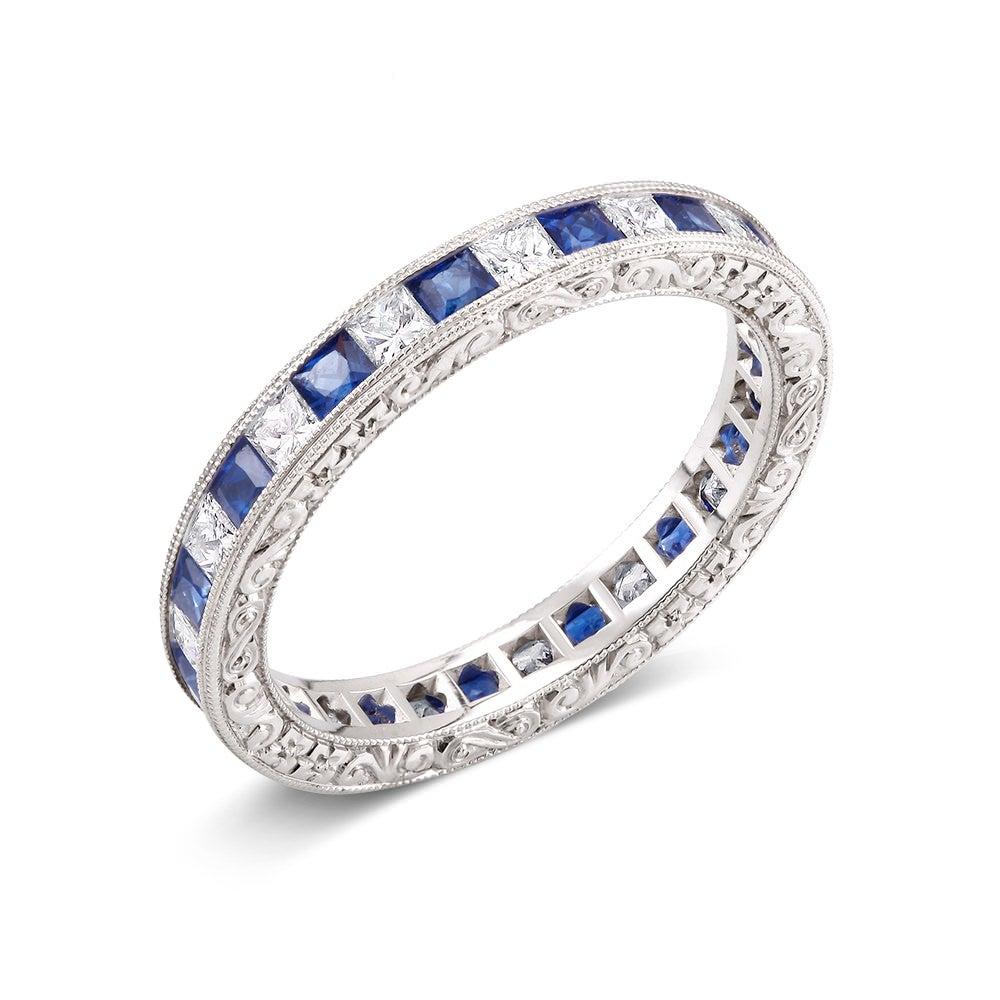 Diamond Sapphire Eternity Hand Engraved Platinum Special Order Band Ring 4