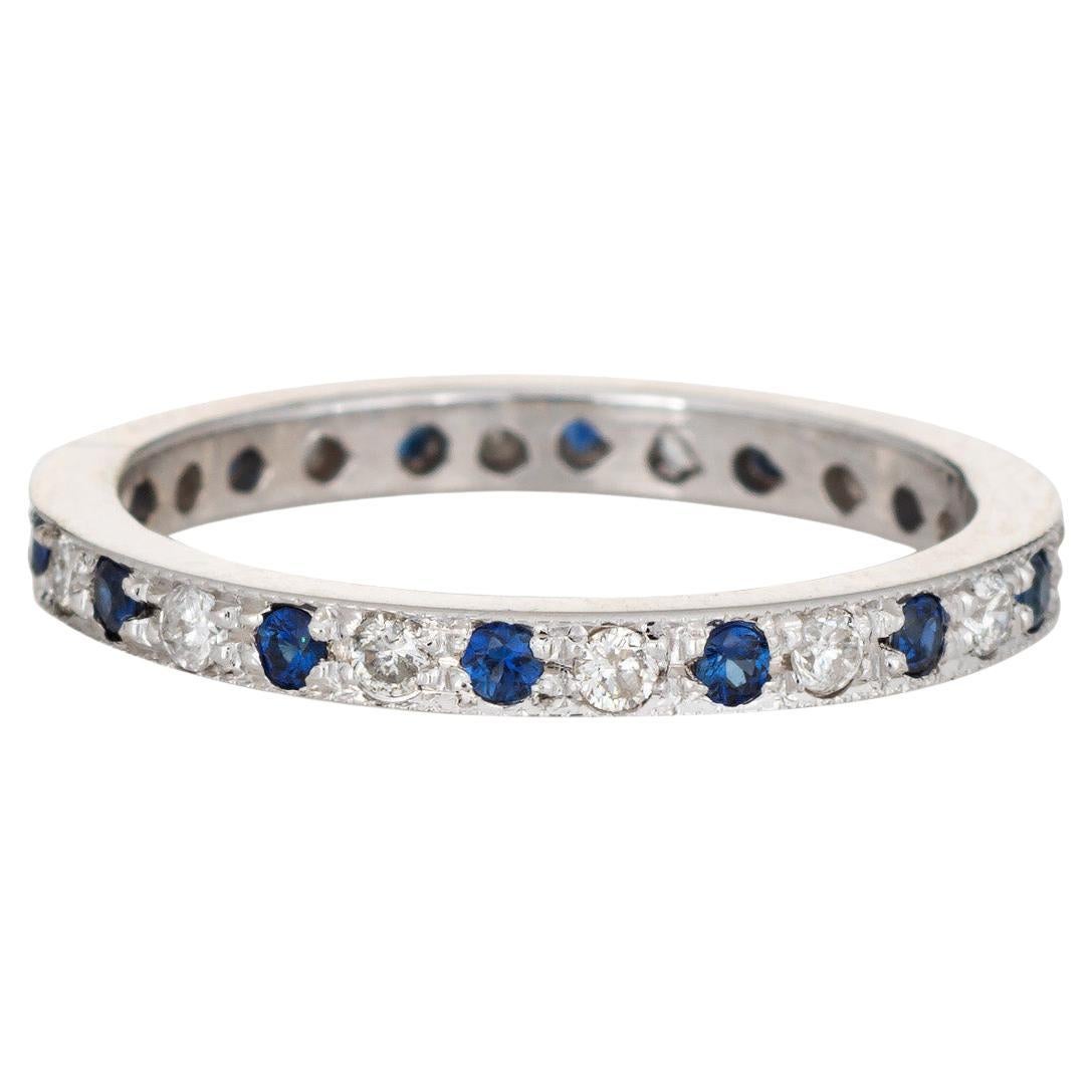 Diamond Sapphire Eternity Ring Sz 4.75 Vintage 14k White Gold Band Fine Jewelry en venta