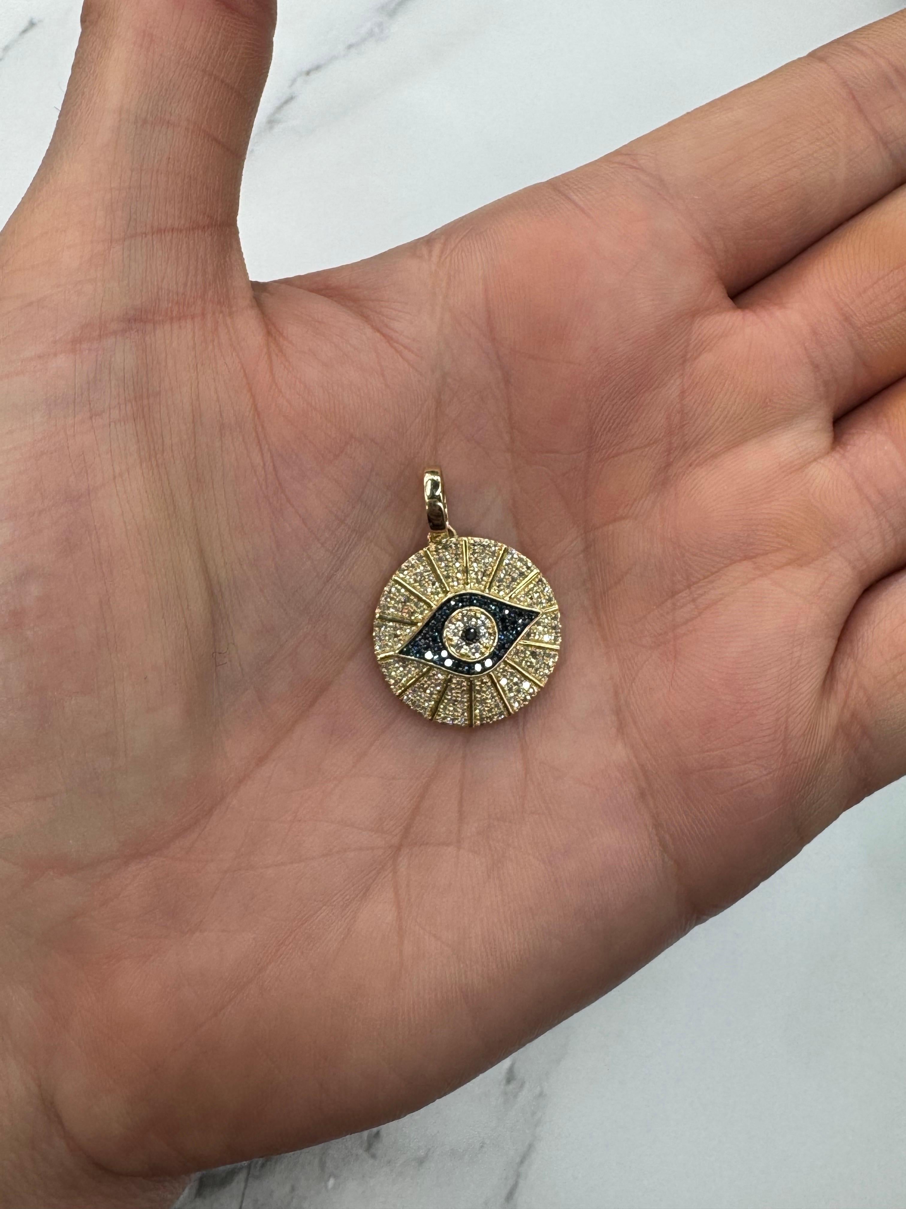 Contemporary Diamond Sapphire Evil Eye Disc Charm Pendant 0.53 Carats 14 Karat Yellow Gold For Sale