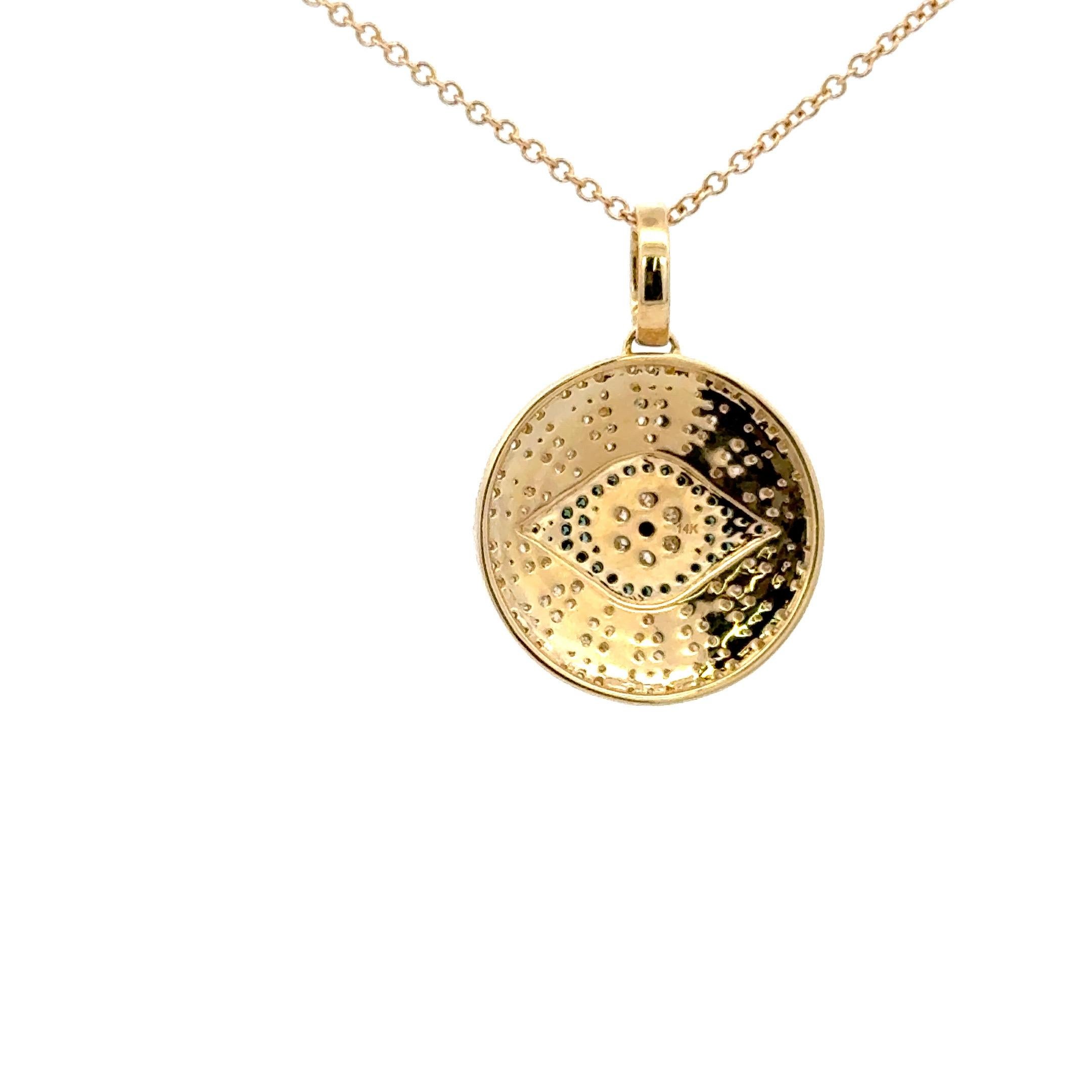 Round Cut Diamond Sapphire Evil Eye Disc Charm Pendant 0.53 Carats 14 Karat Yellow Gold For Sale