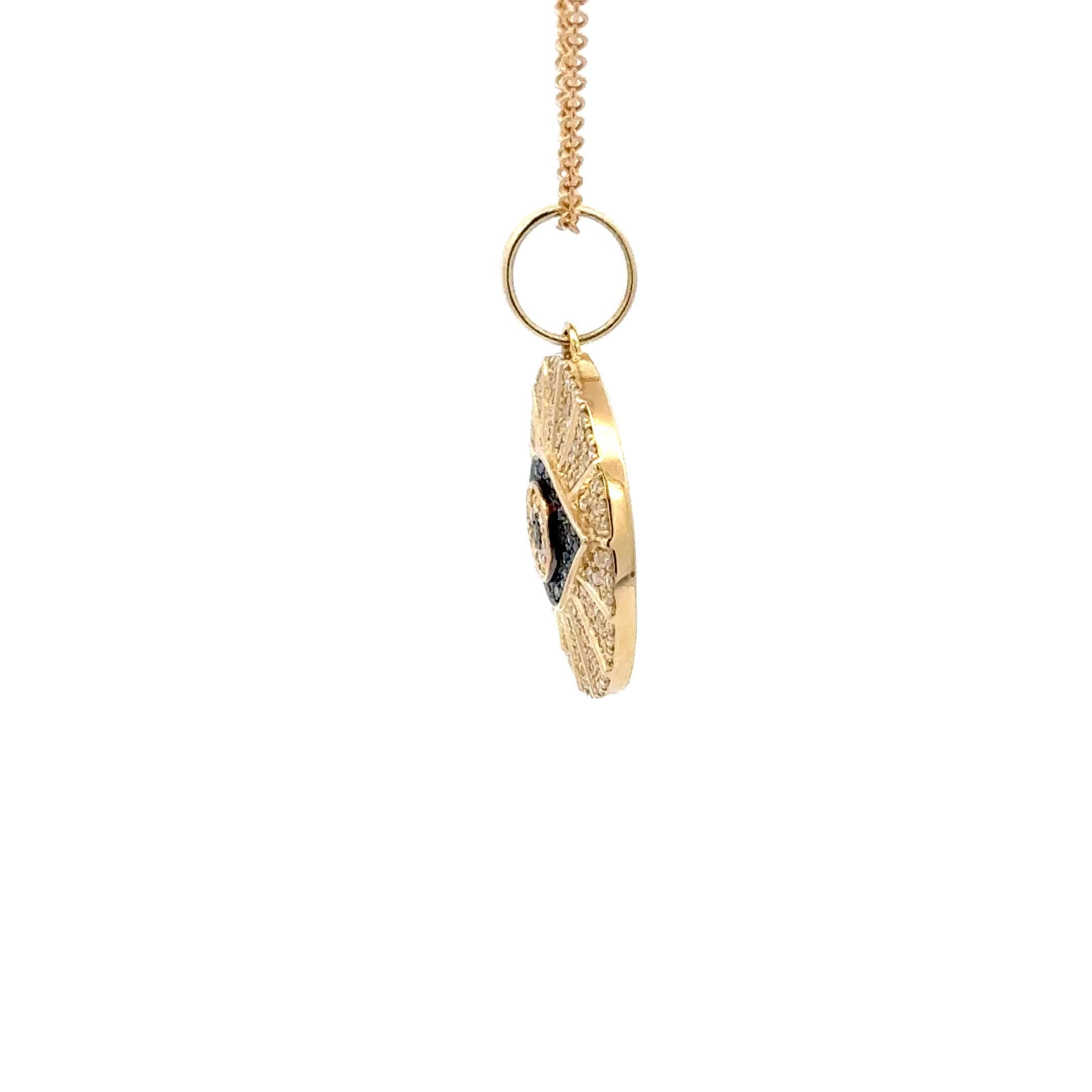 Diamond Sapphire Evil Eye Disc Charm Pendant 0.53 Carats 14 Karat Yellow Gold In New Condition For Sale In New York, NY