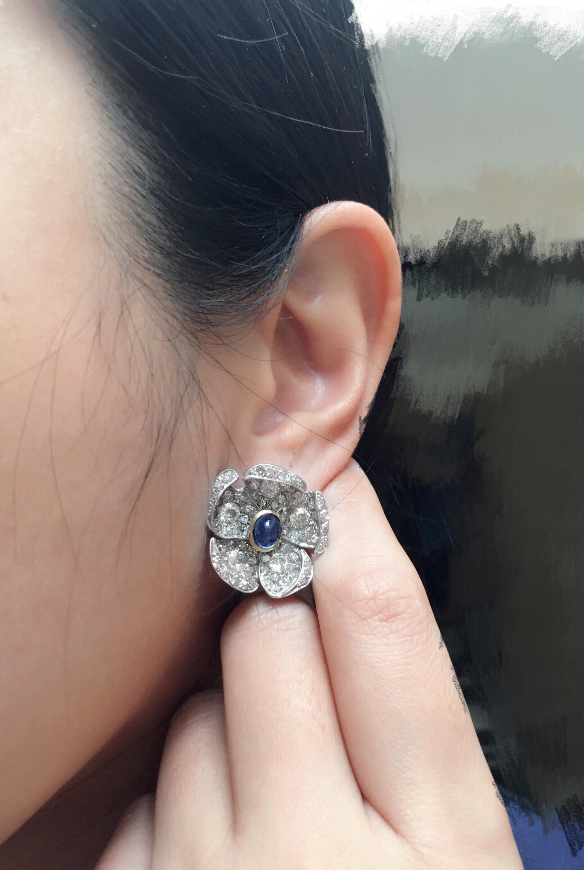 Old European Cut Platinum Diamond Sapphire Cabochons Flower Clip on Earrings  For Sale