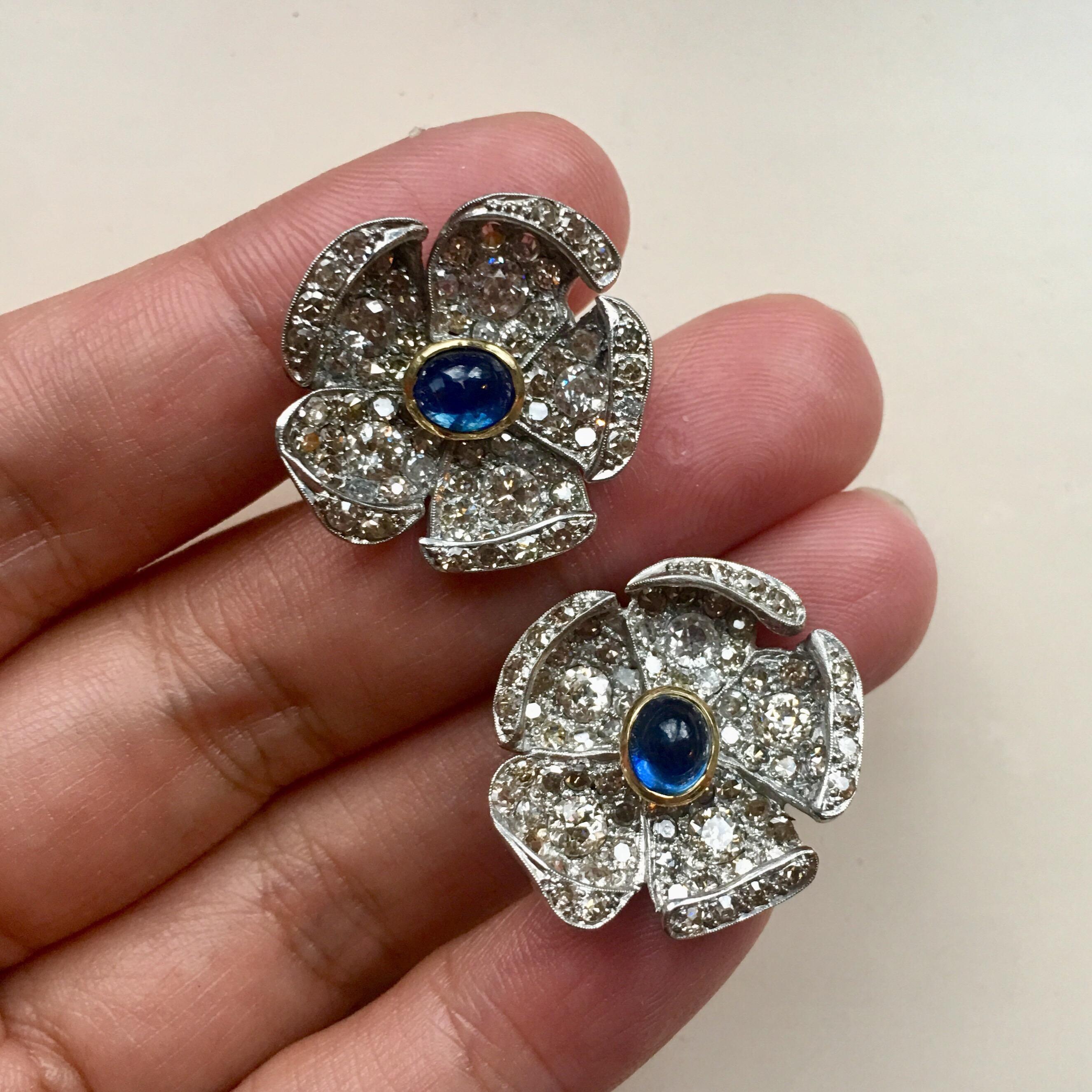 Platinum Diamond Sapphire Cabochons Flower Clip on Earrings  In Good Condition For Sale In Birmingham, GB