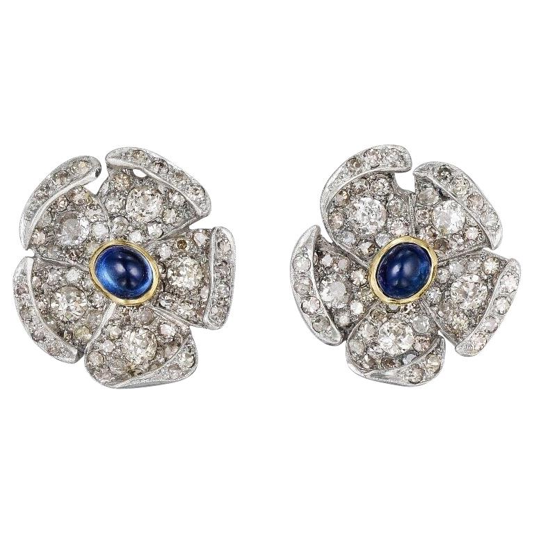 Platinum Diamond Sapphire Cabochons Flower Clip on Earrings  For Sale