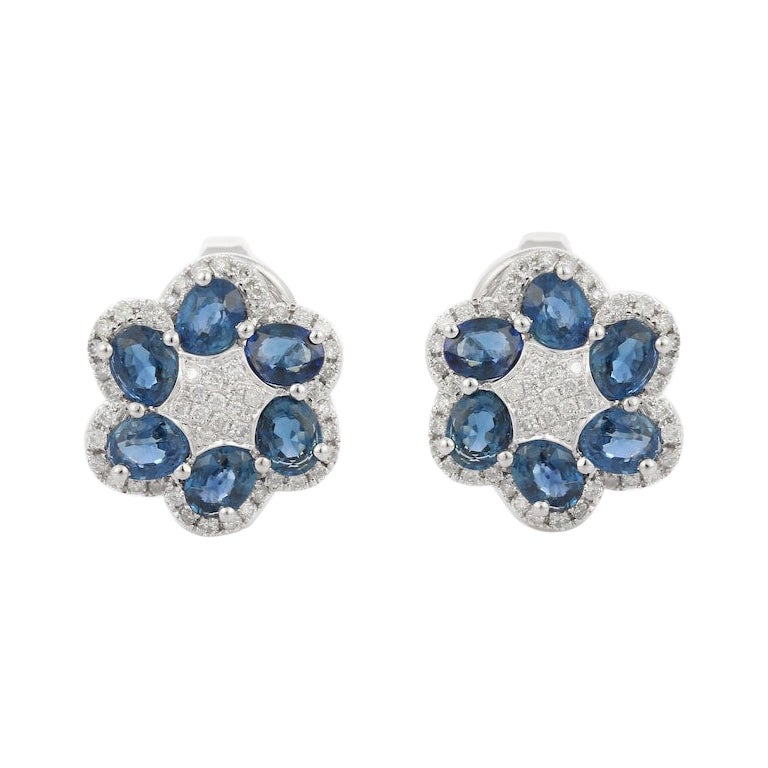 Diamant-Saphir-Blumen-Ohrstecker aus 14 Karat massivem Weißgold