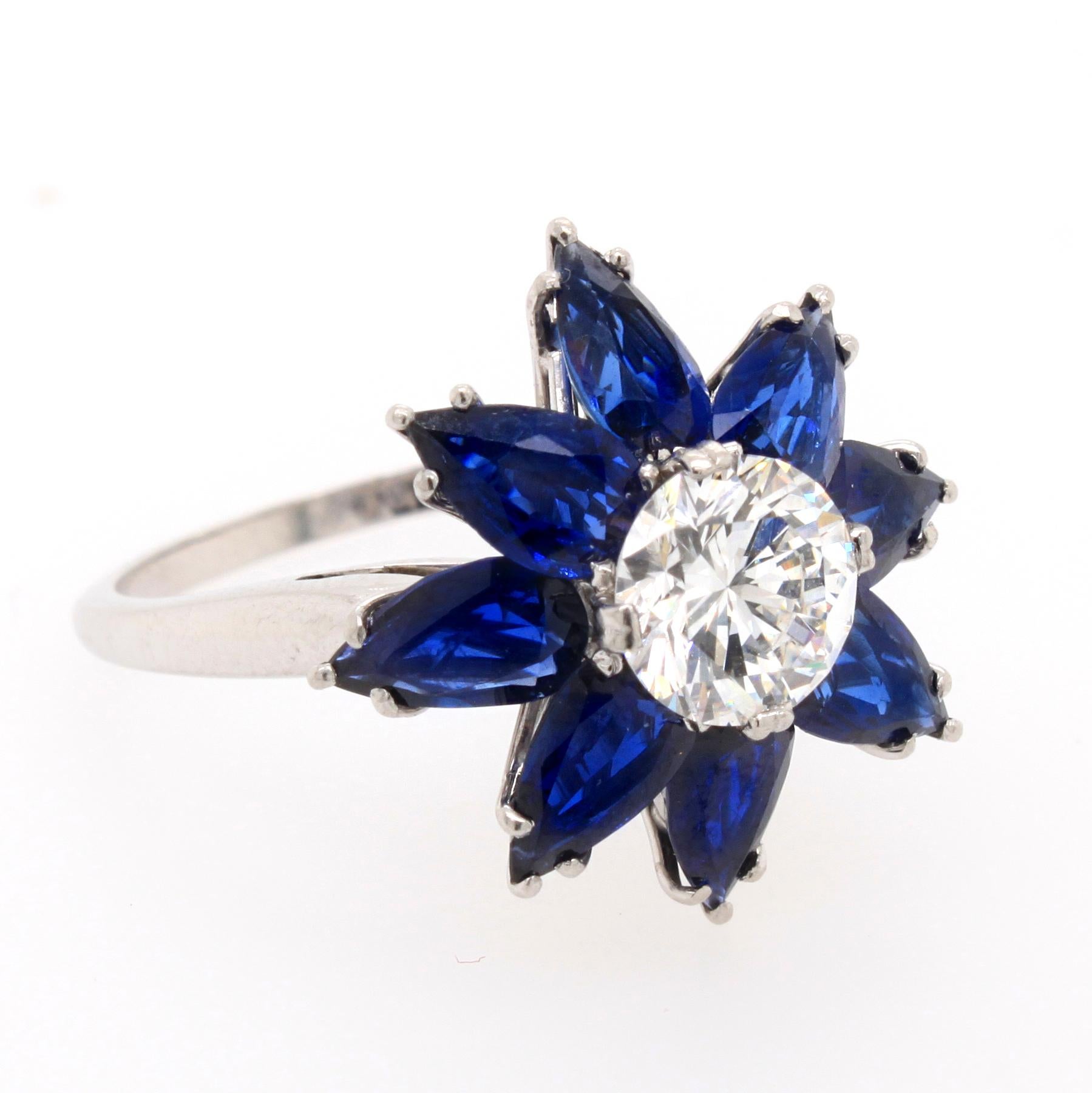 Artisan Diamond Sapphire Flower Cocktail Ring by Kern, 1980s