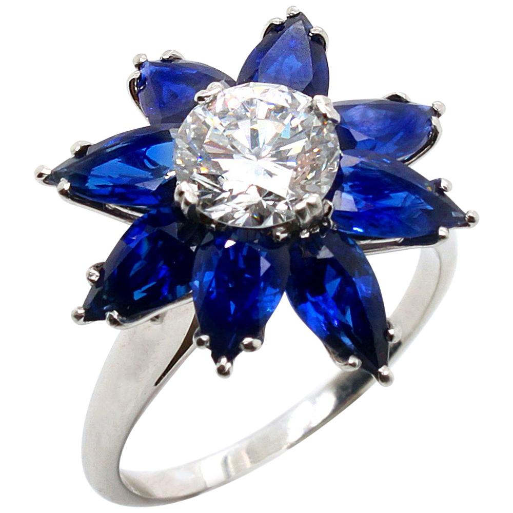 Diamond Sapphire Flower Cocktail Ring by Kern, 1980s