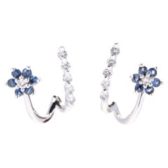 Diamond Sapphire Flower Double J Hoop Earrings, 14K White Gold