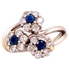 Diamond Sapphire Flower White Gold Bypass Ring 