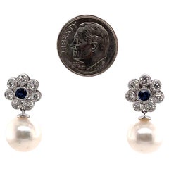 Diamond Sapphire Freshwater Pearl Drop Earrings 1.10 CTTW 14KT Gold 10-11 MM