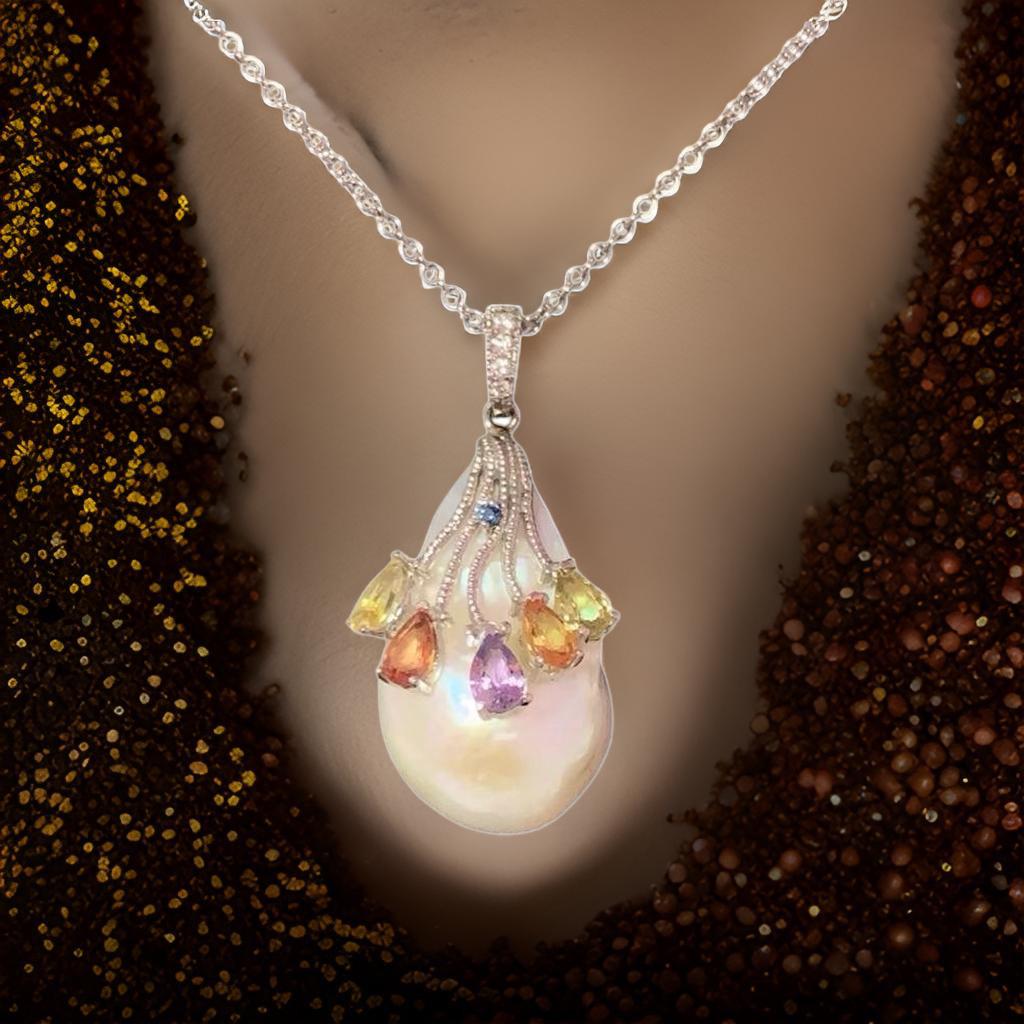 Diamond Sapphire FW Pearl Necklace 14k Gold Italy Certified For Sale 2