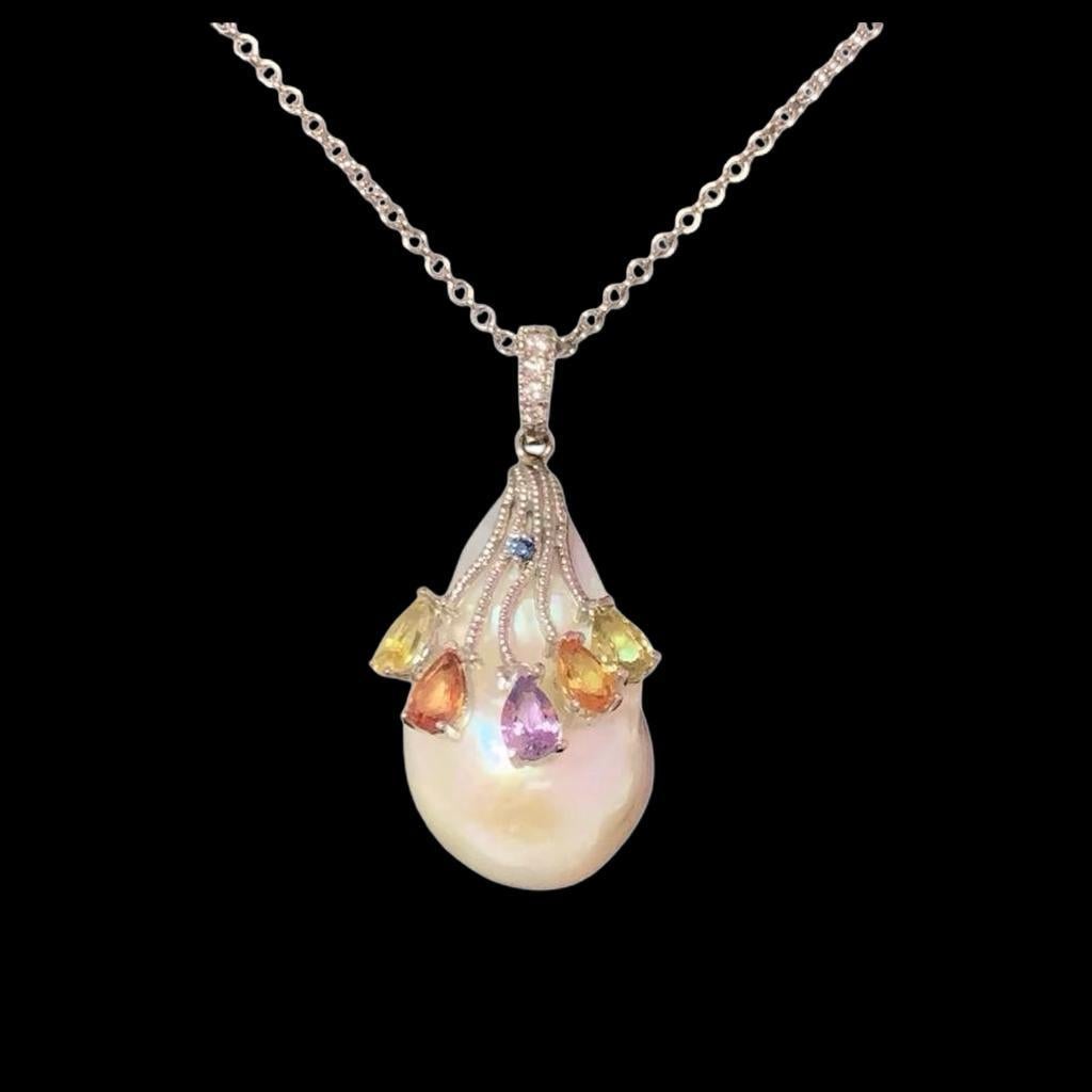 Diamond Sapphire FW Pearl Necklace 14k Gold Italy Certified For Sale 3