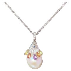 Collier de perles en or 14 carats avec diamants, saphirs et saphirs de 29,5 mm, certifié FW, Italie