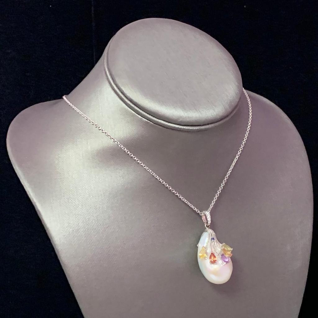Diamond Sapphire FW Pearl Necklace 14k Gold Italy Certified In New Condition For Sale In Brooklyn, NY